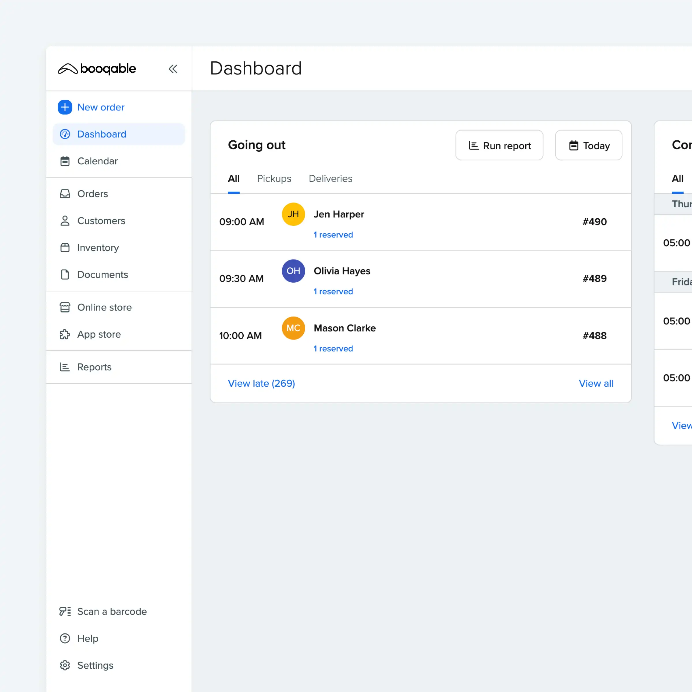 Booqable's rental dashboard showing upcoming rentals
