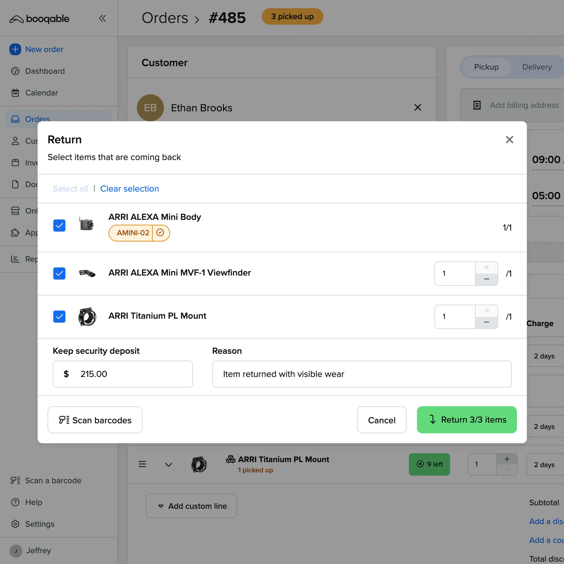 Booqable's pickup screen showing selected stock items for a rental order