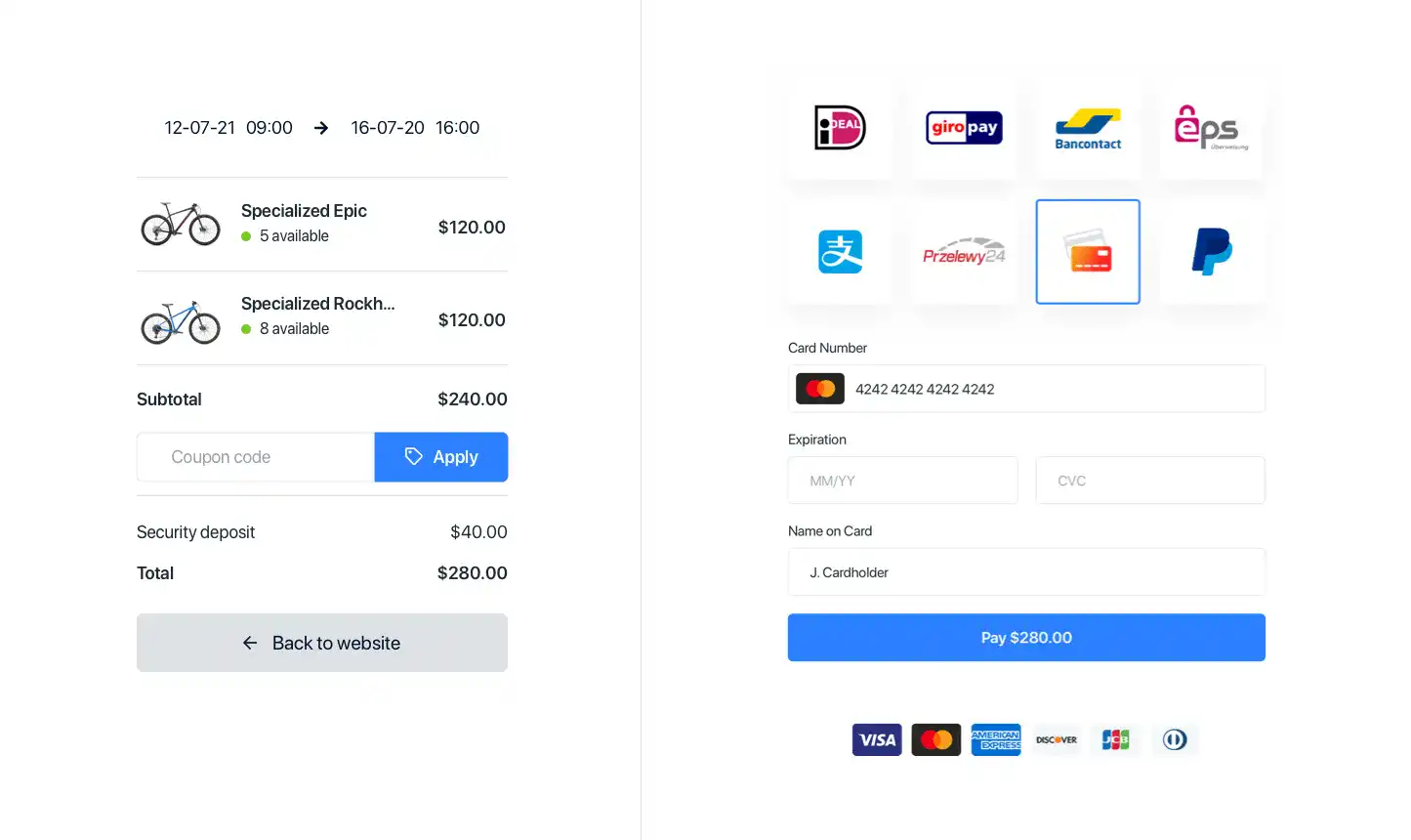 Screenshot of the Booqable checkout