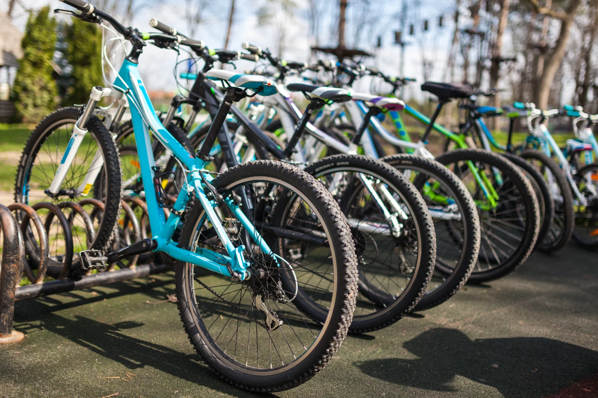 Bicicletas de montaña estacionadas en una ubicación de alquiler de bicicletas al aire libre