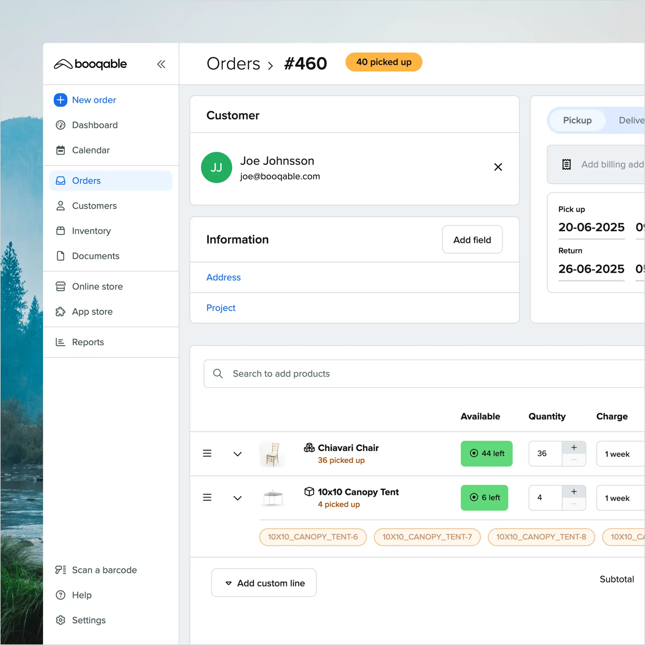 Screenshot of order creation in Booqable