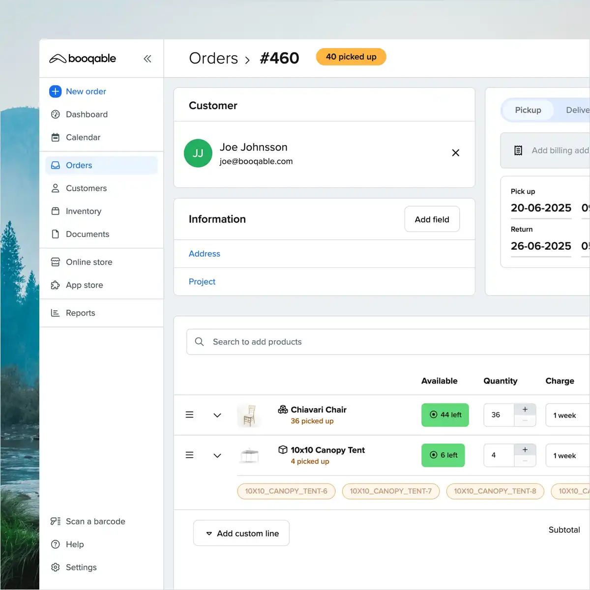 Screenshot of order creation in Booqable