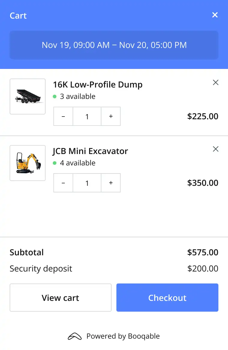 Booqable rental cart on a Lovable website