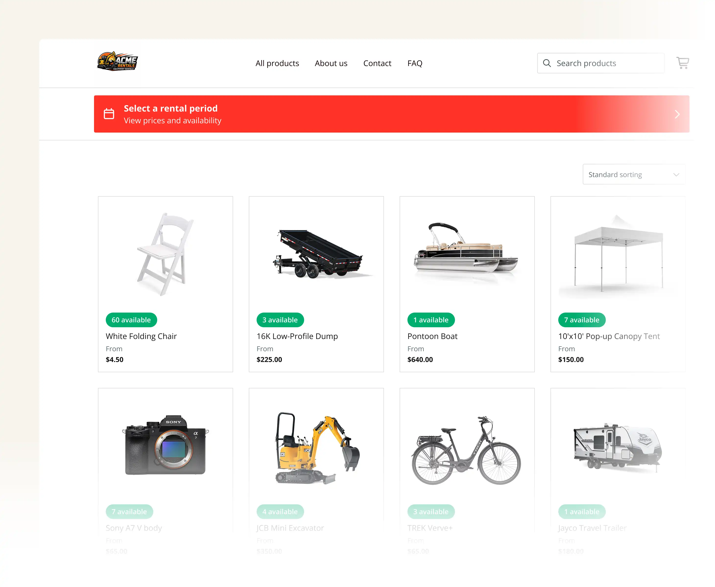 Booqable rental booking experience on a Lovable website