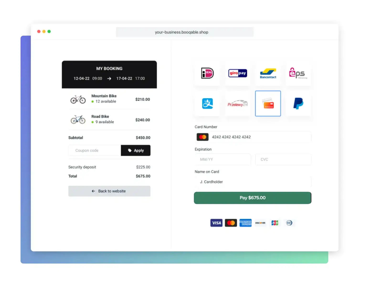 Mobile Booqable checkout with various payment methods
