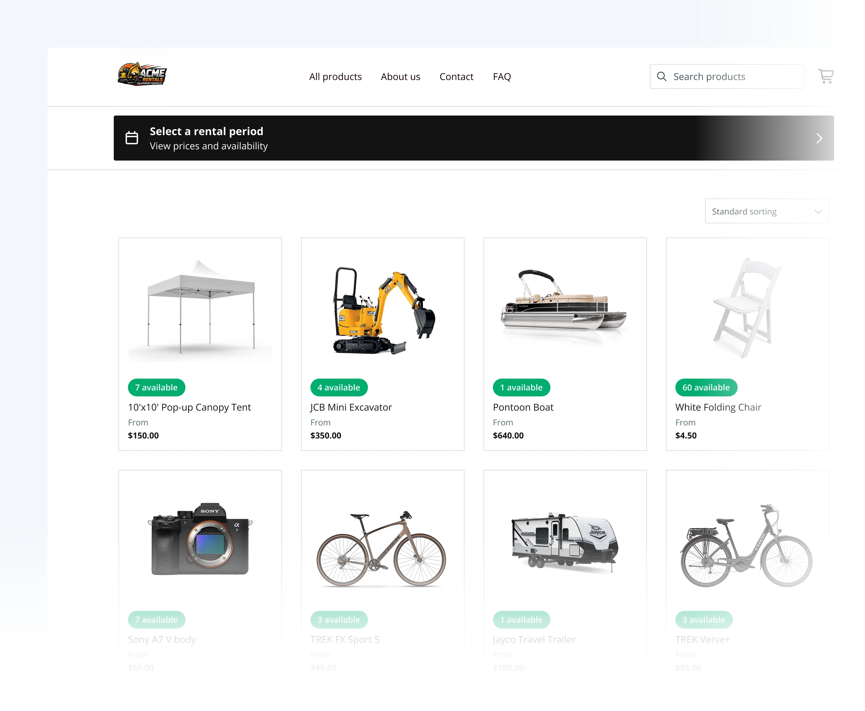 Booqable rental booking experience on a Squarespace website
