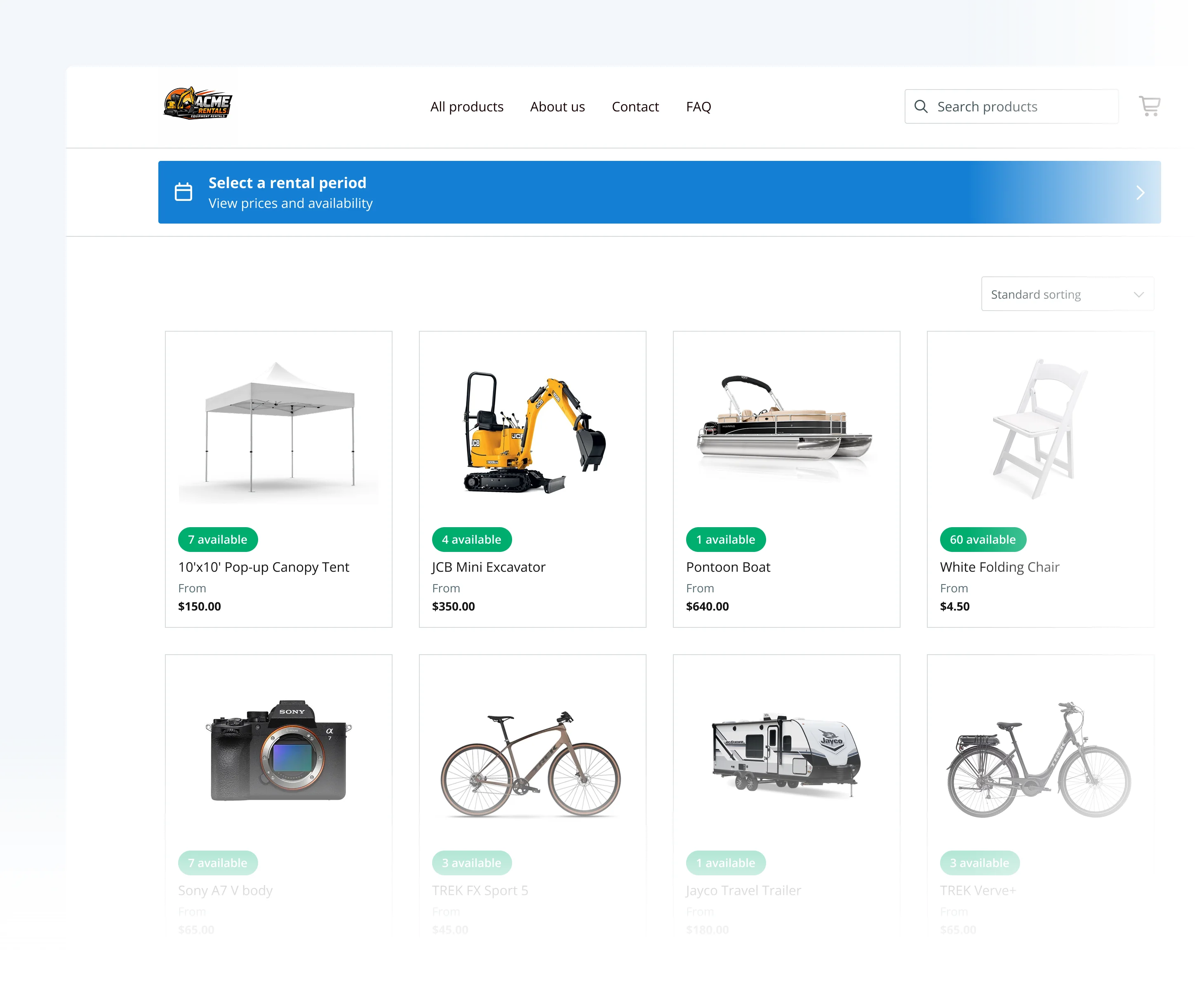 Booqable rental booking experience on a Webflow website