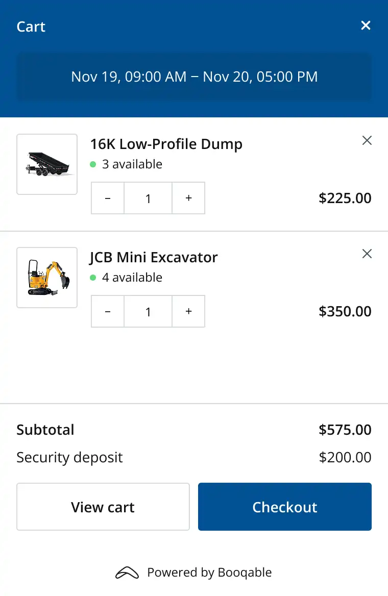 Booqable rental cart on a Wix website