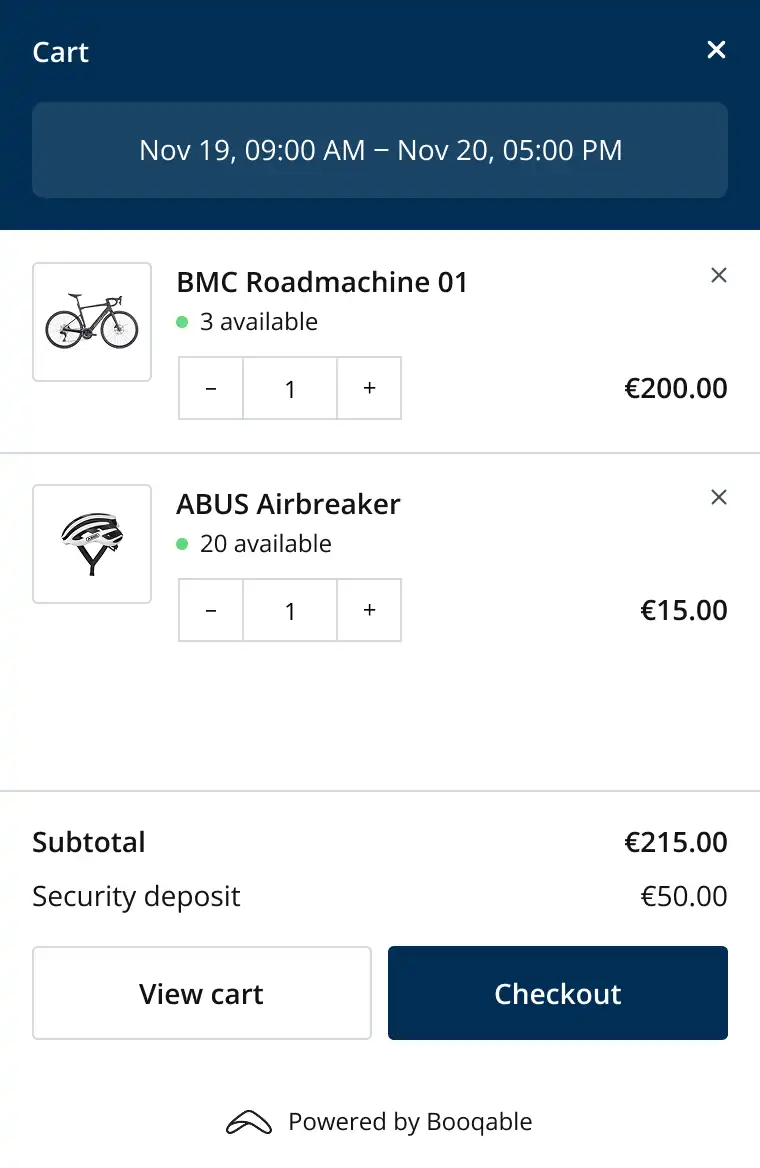 Booqable rental cart on a website built with WordPress