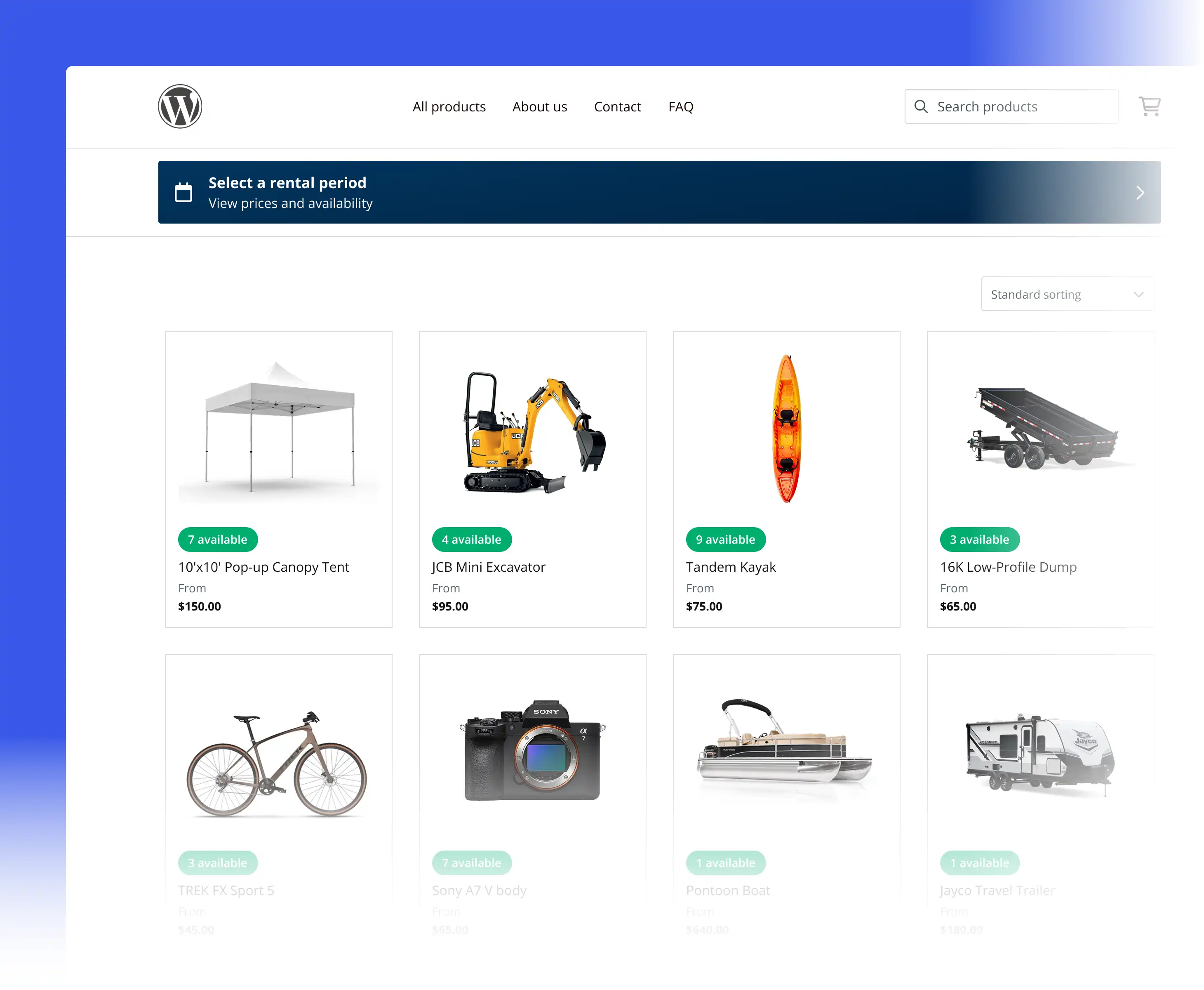 Booqable rental booking experience on a website built with WordPress