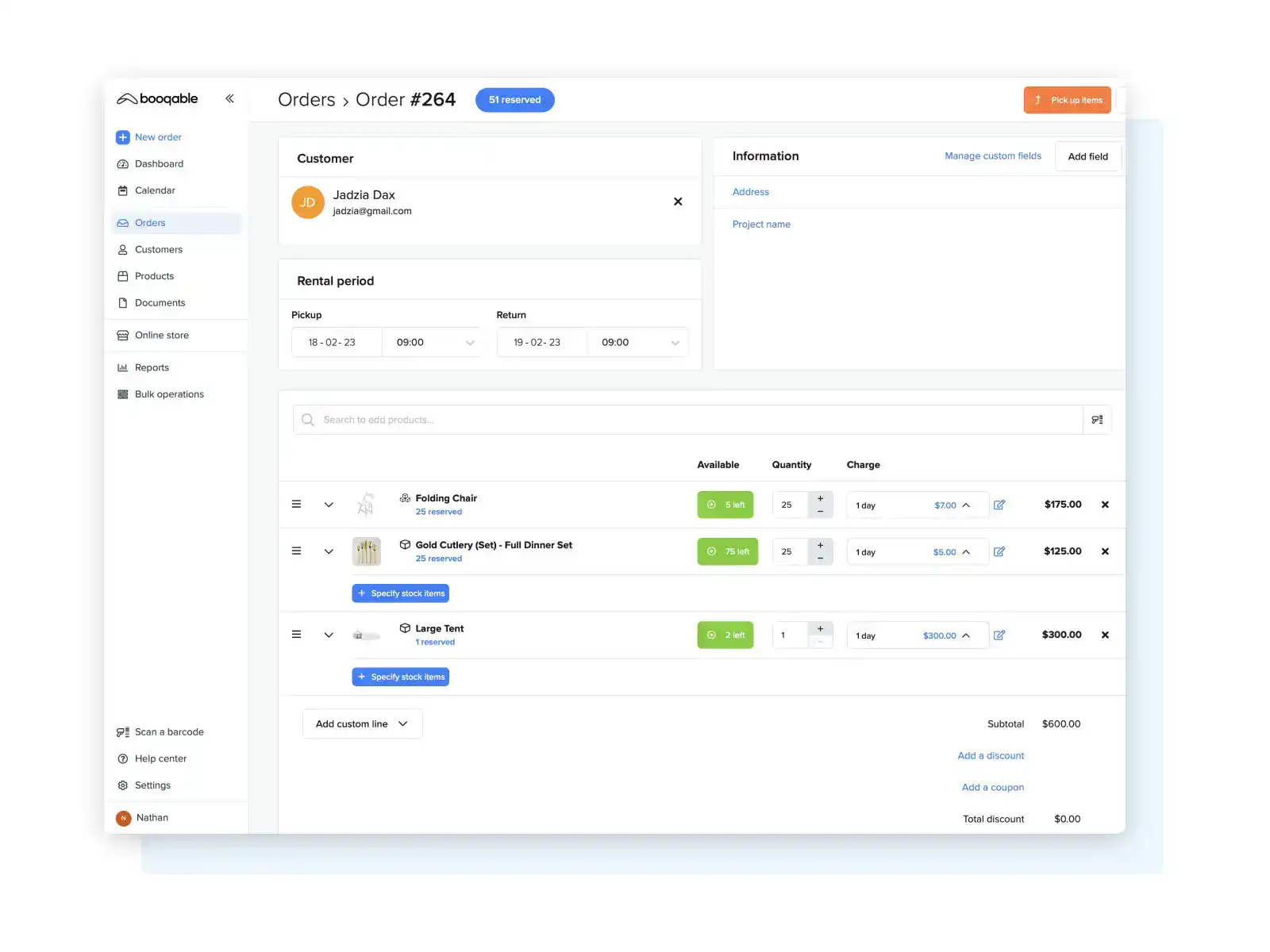 Booking system order and inventory management