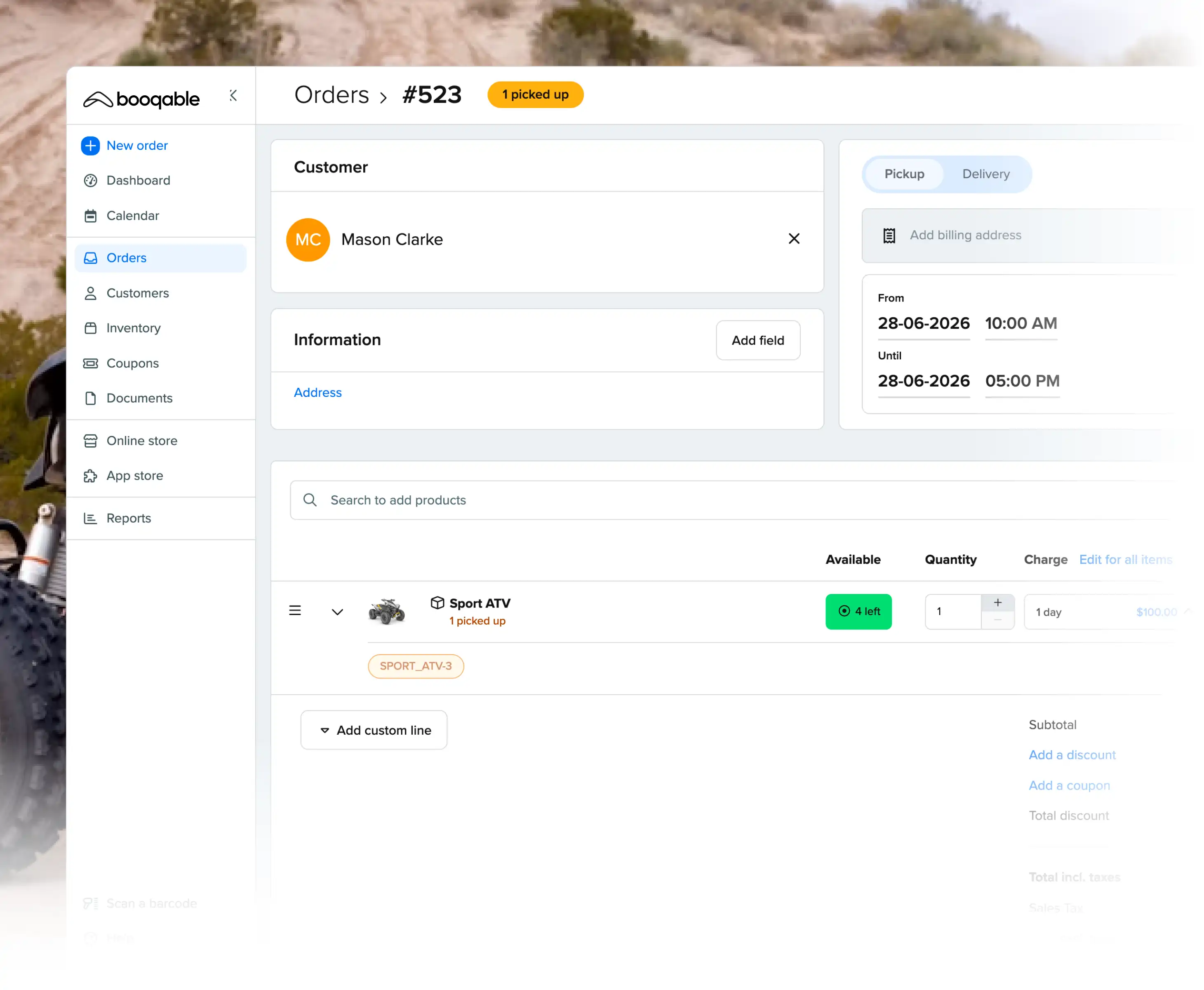 Rental pickup workflow using Booqable's atv rental software