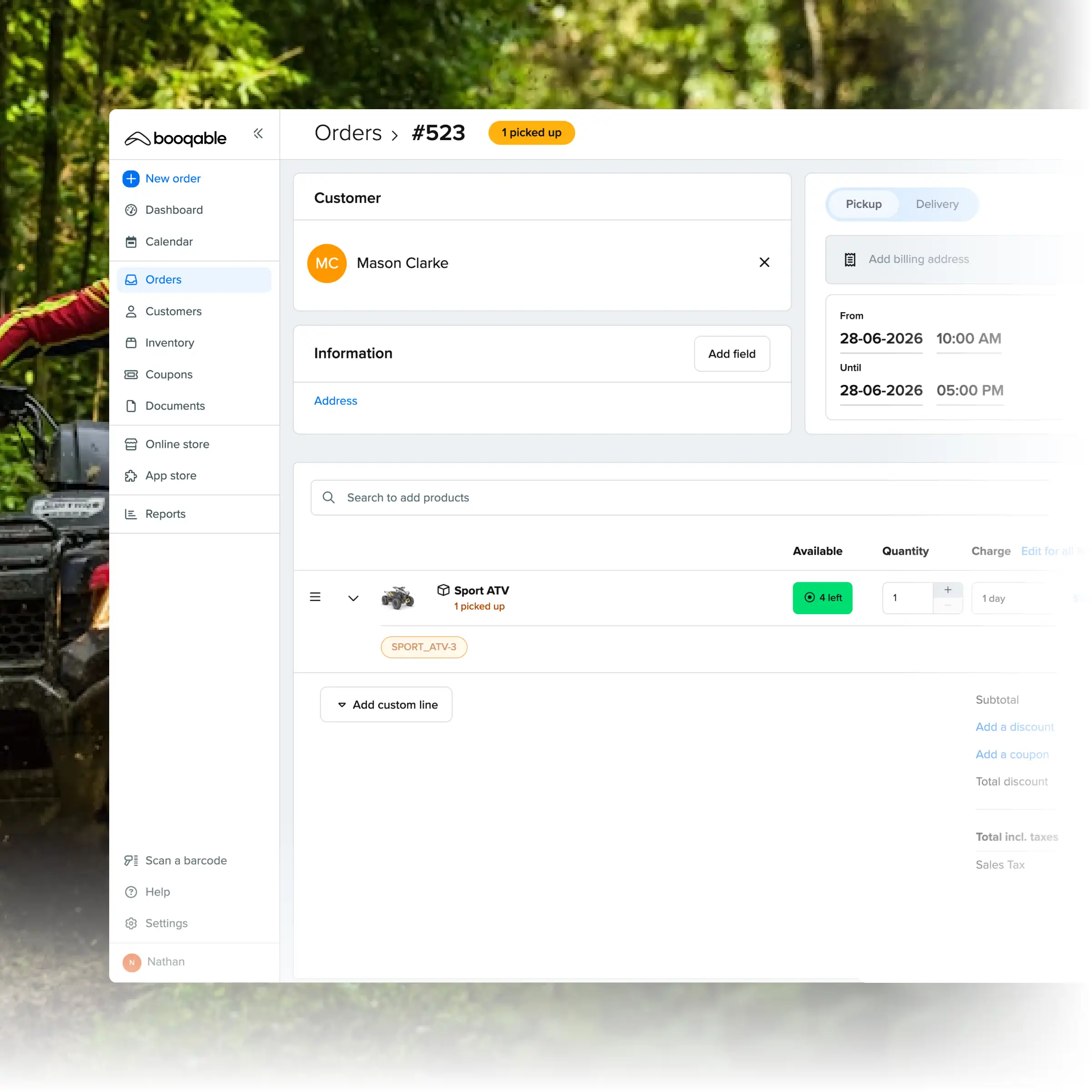 Booqable's atv rental software showing order management features