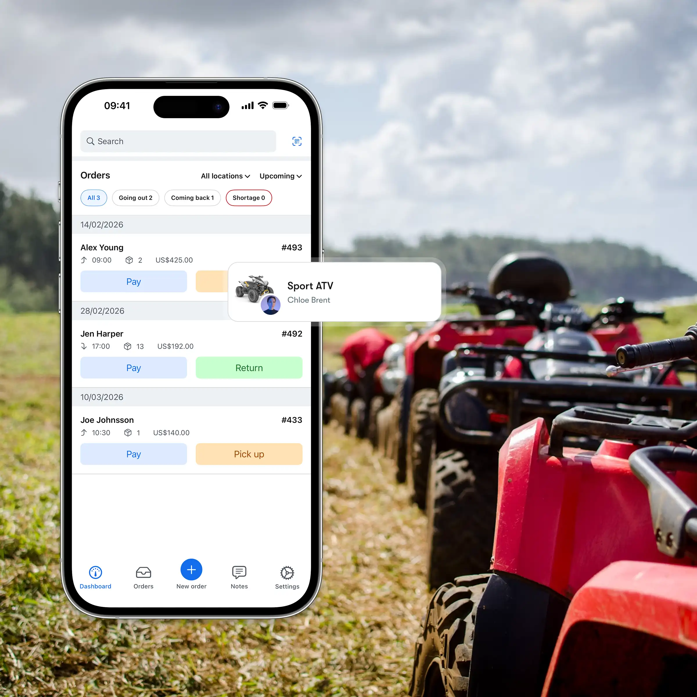Booqable's atv rental software showing mobile app features