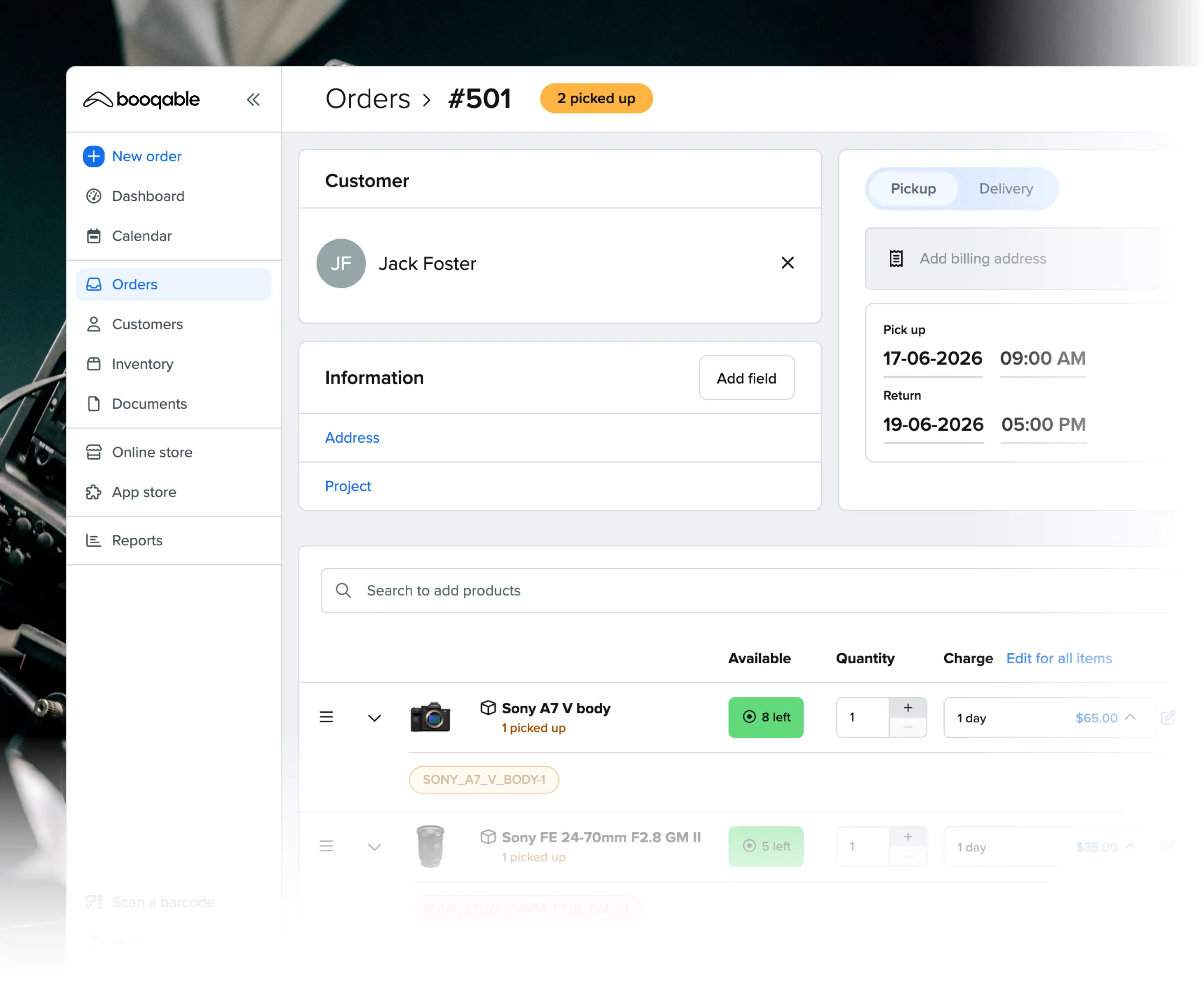 Rental pickup workflow at the counter using Booqable rental software