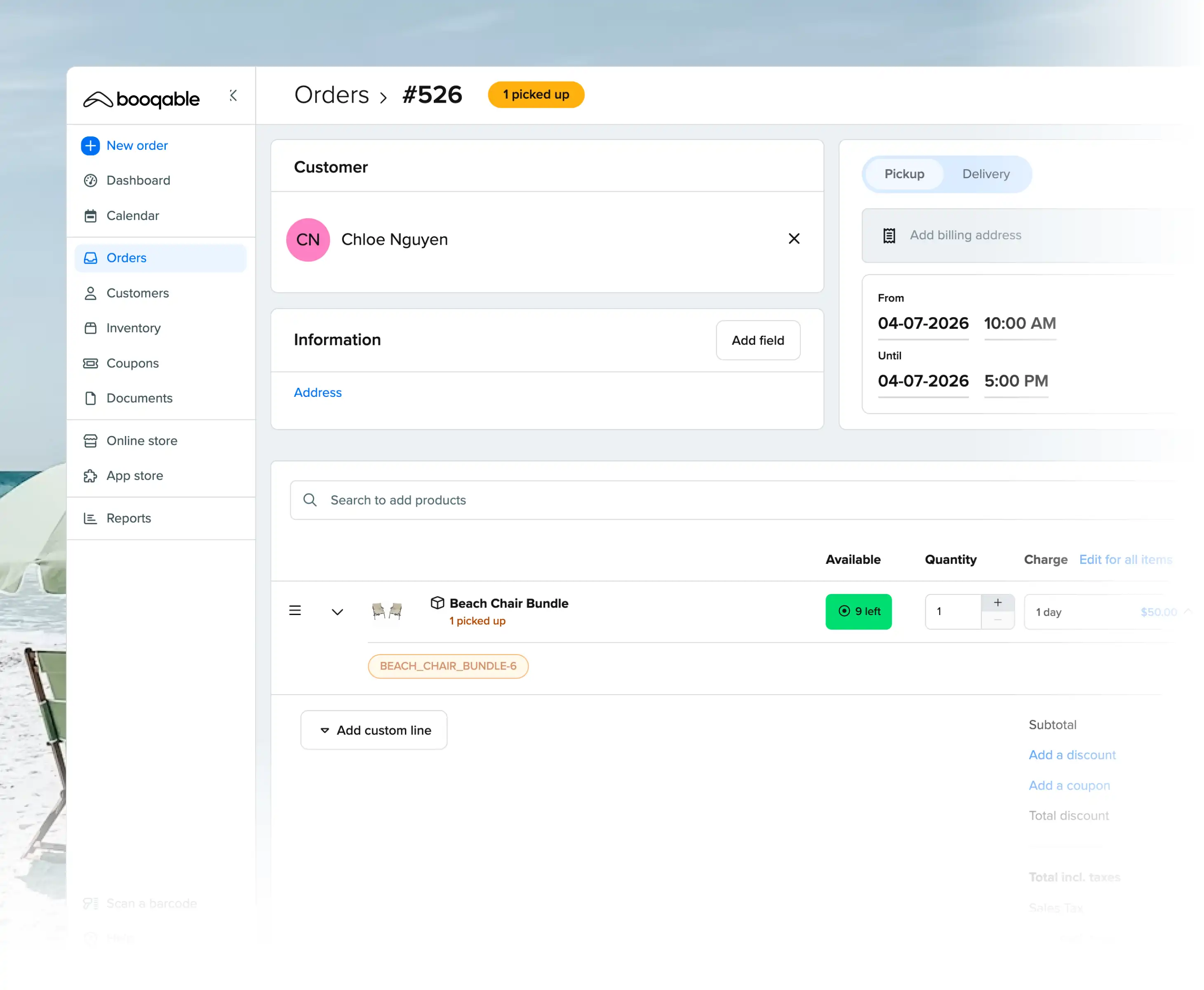 Rental pickup workflow using Booqable's beach equipment rental software