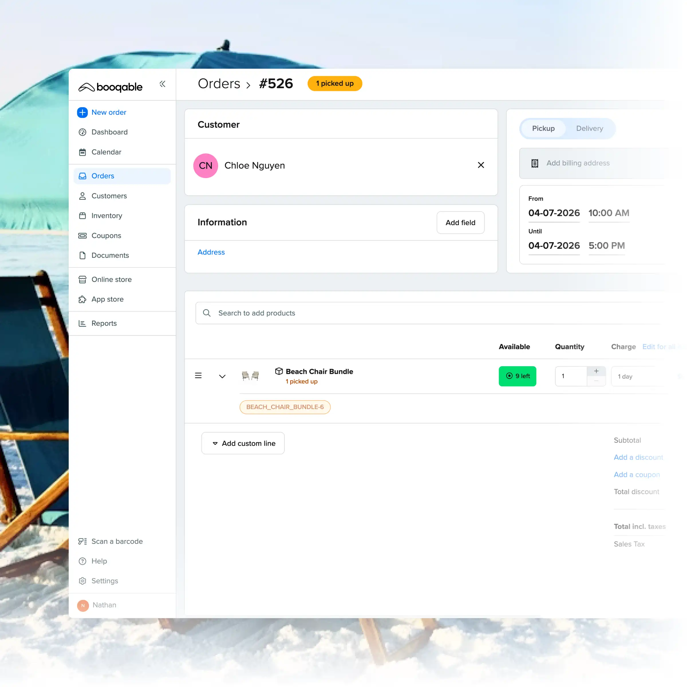 Booqable's beach equipment rental software showing order management features