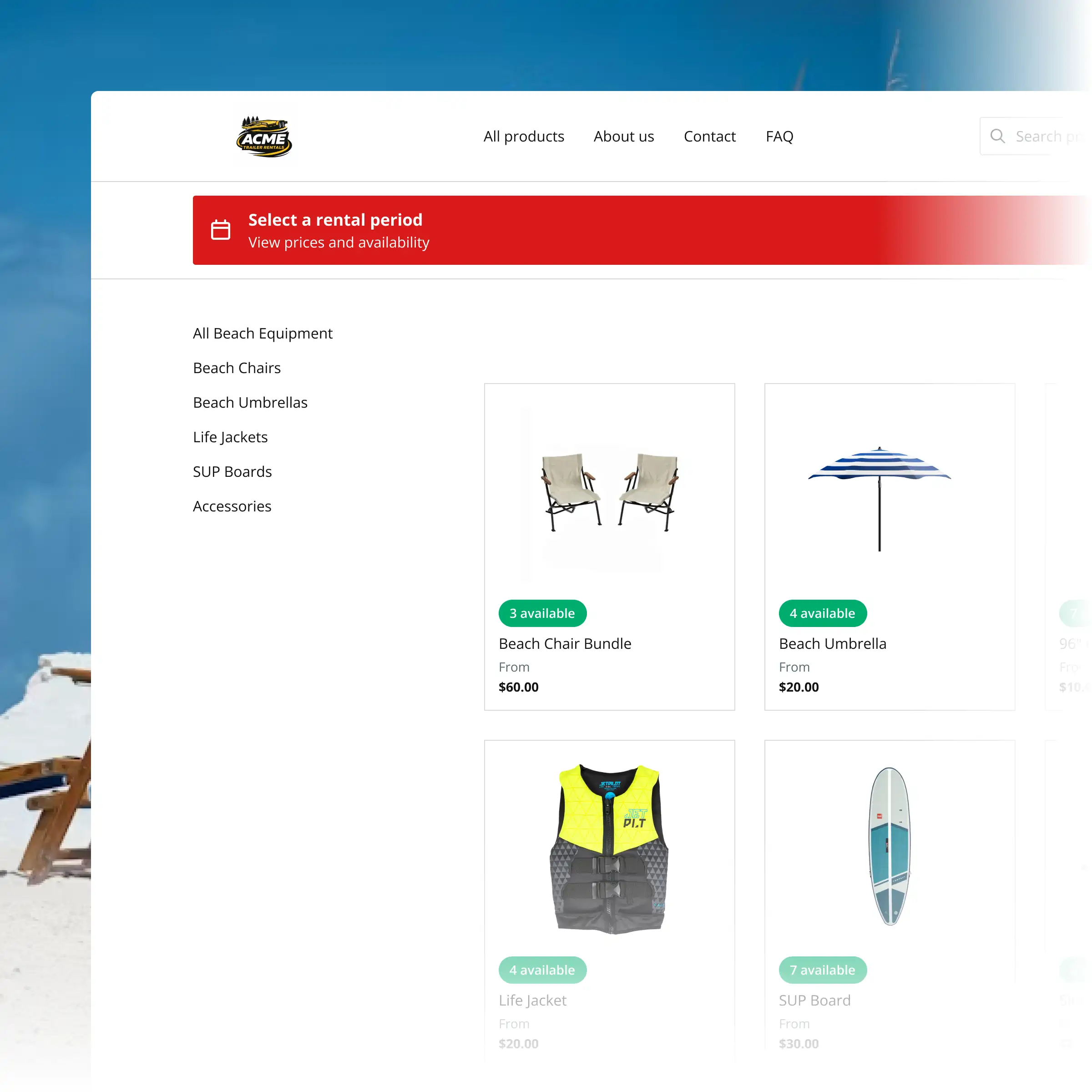 Booqable's beach equipment rental software showing rental workflow features