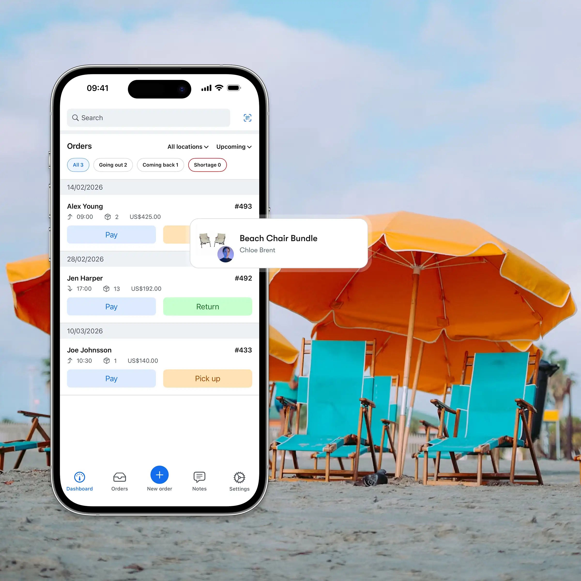 Booqable's beach equipment rental software showing mobile app features