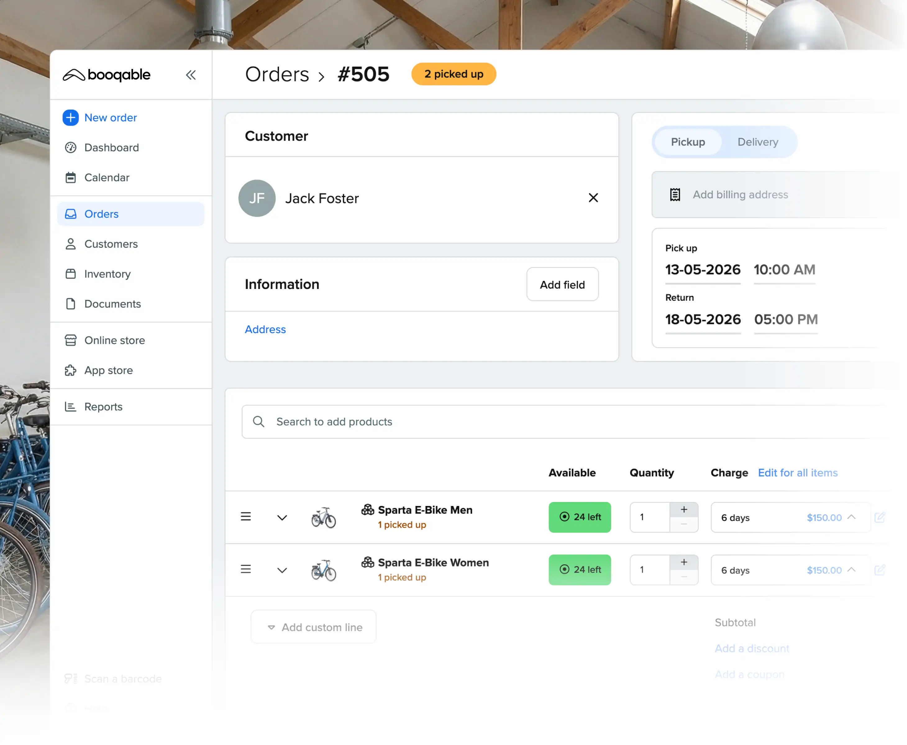 Rental pickup workflow at the counter using Booqable rental software