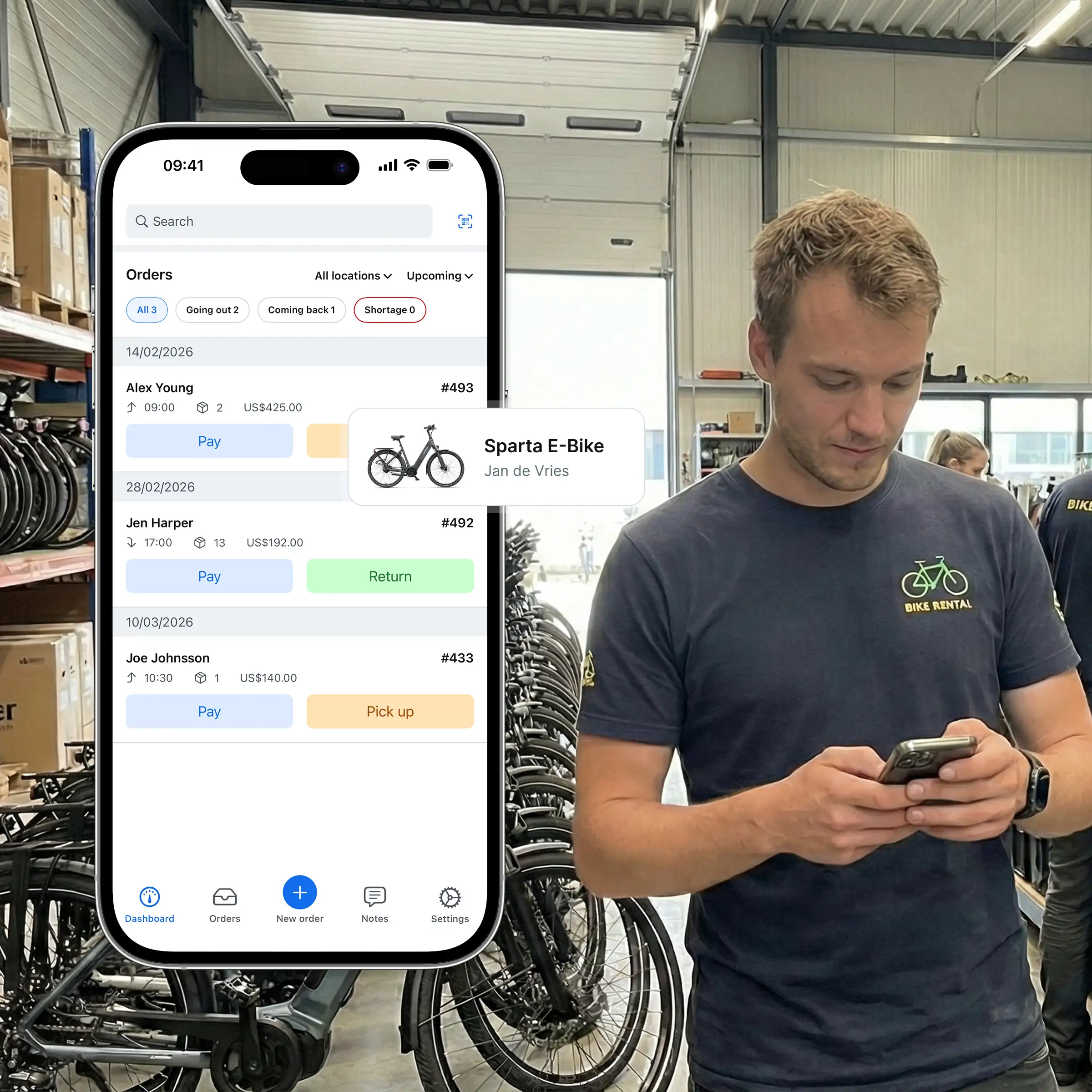 Booqable's bike rental software showing mobile app features