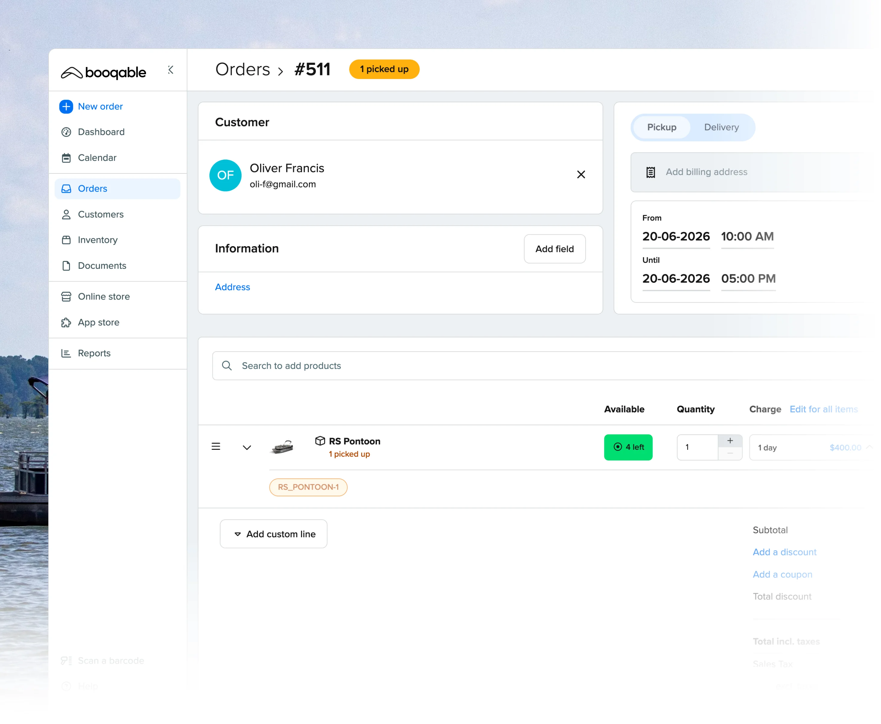 Rental pickup workflow using Booqable's boat rental software