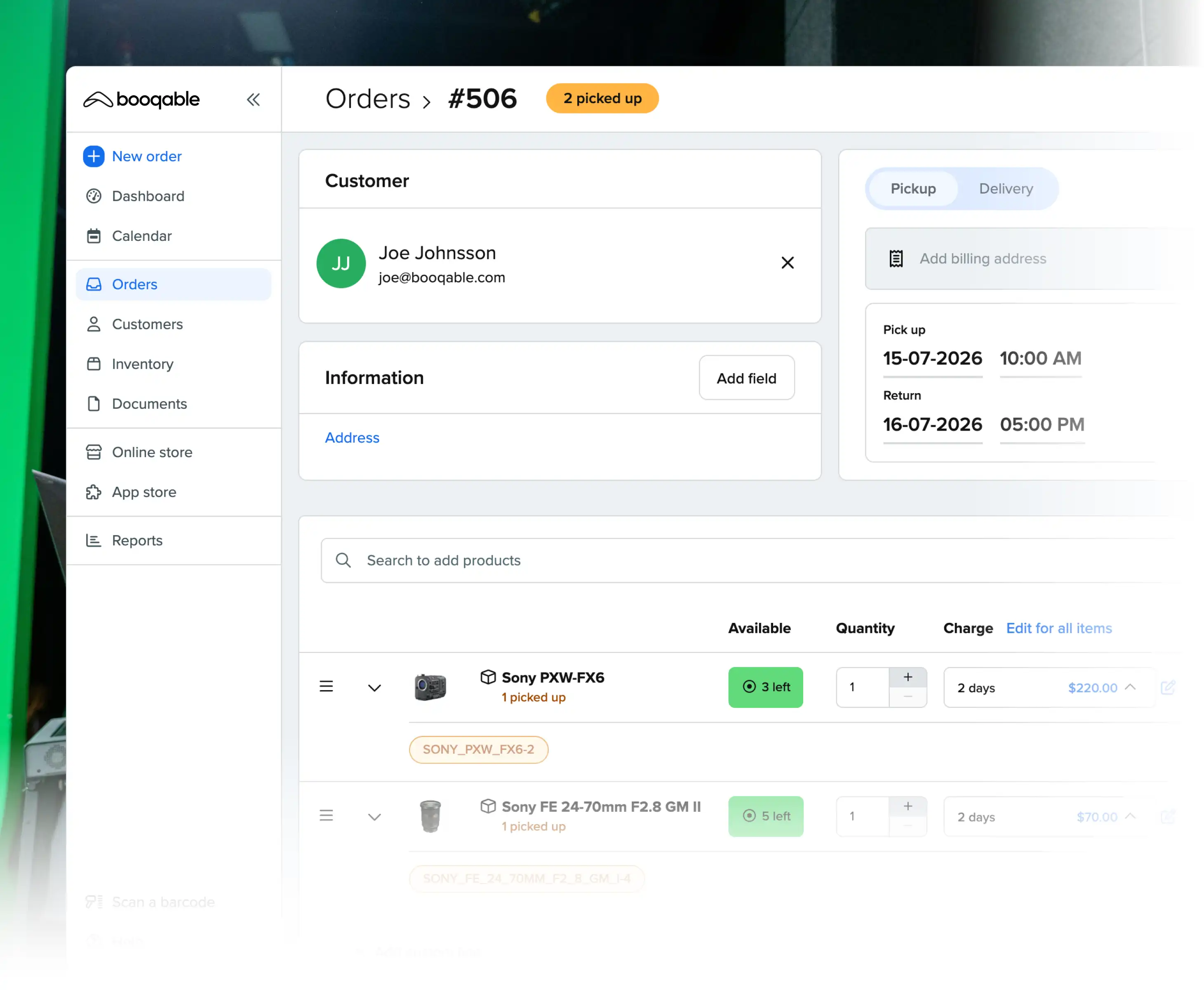 Rental pickup workflow using Booqable's camera rental software