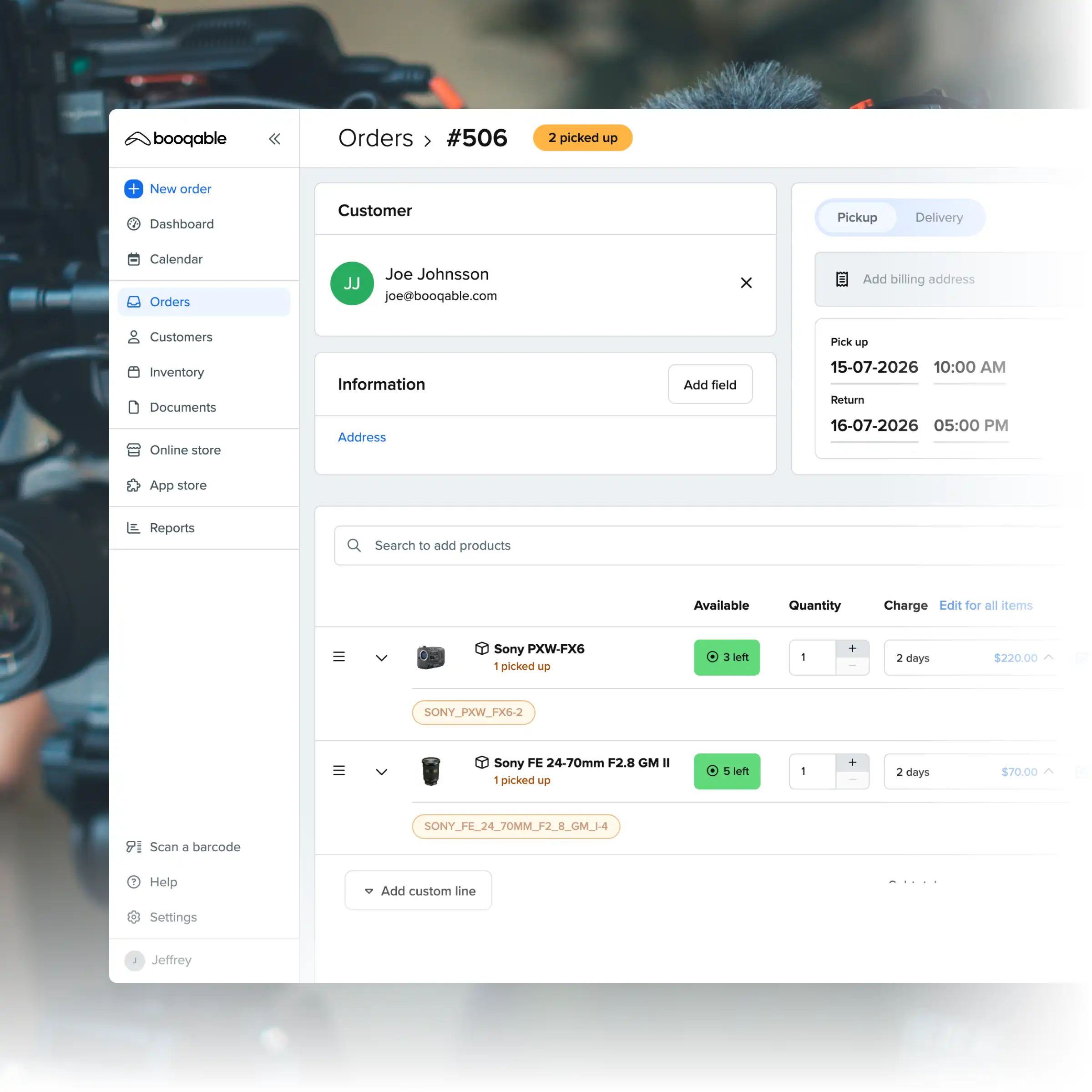 Booqable's camera rental software showing order management features