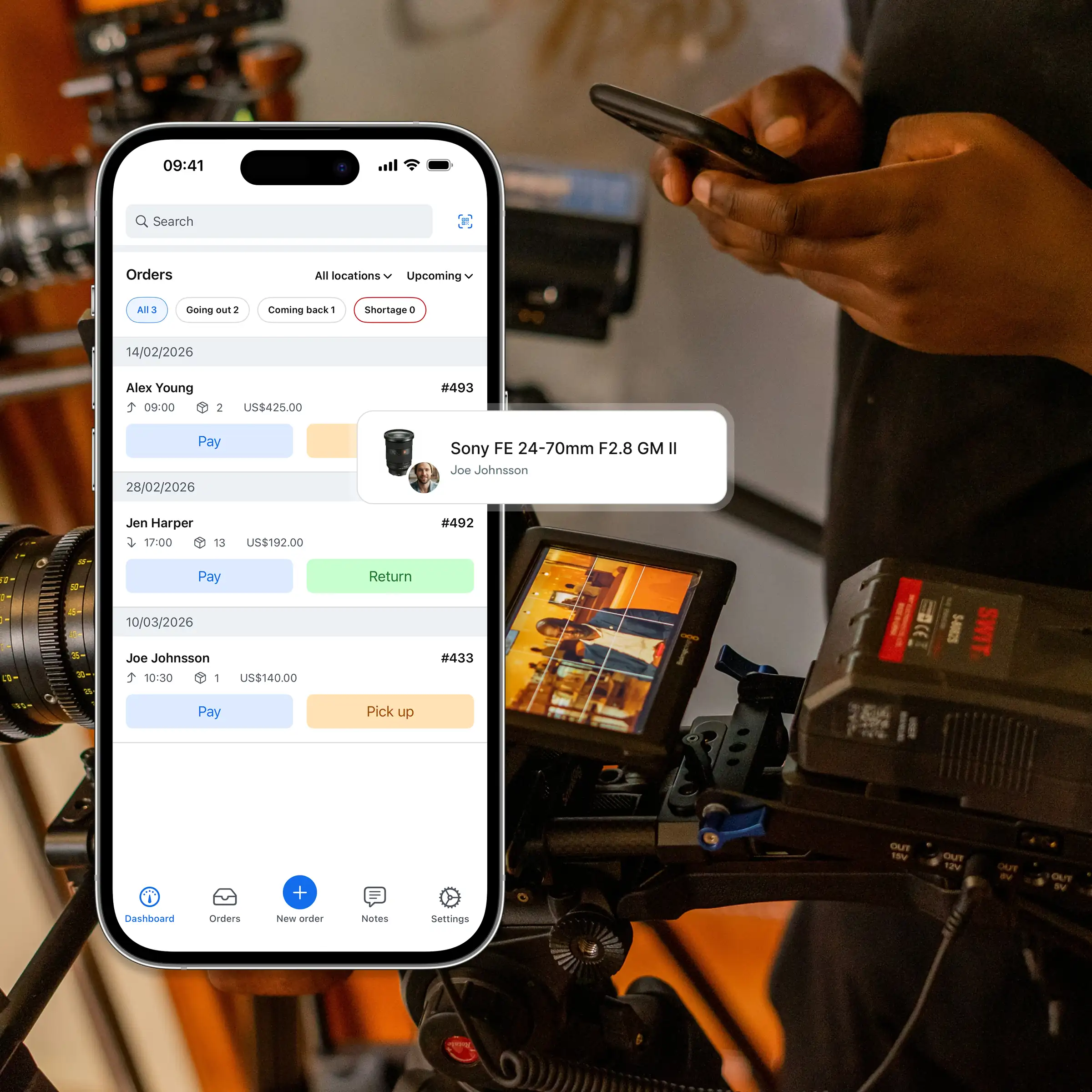 Booqable's camera rental software showing mobile app features