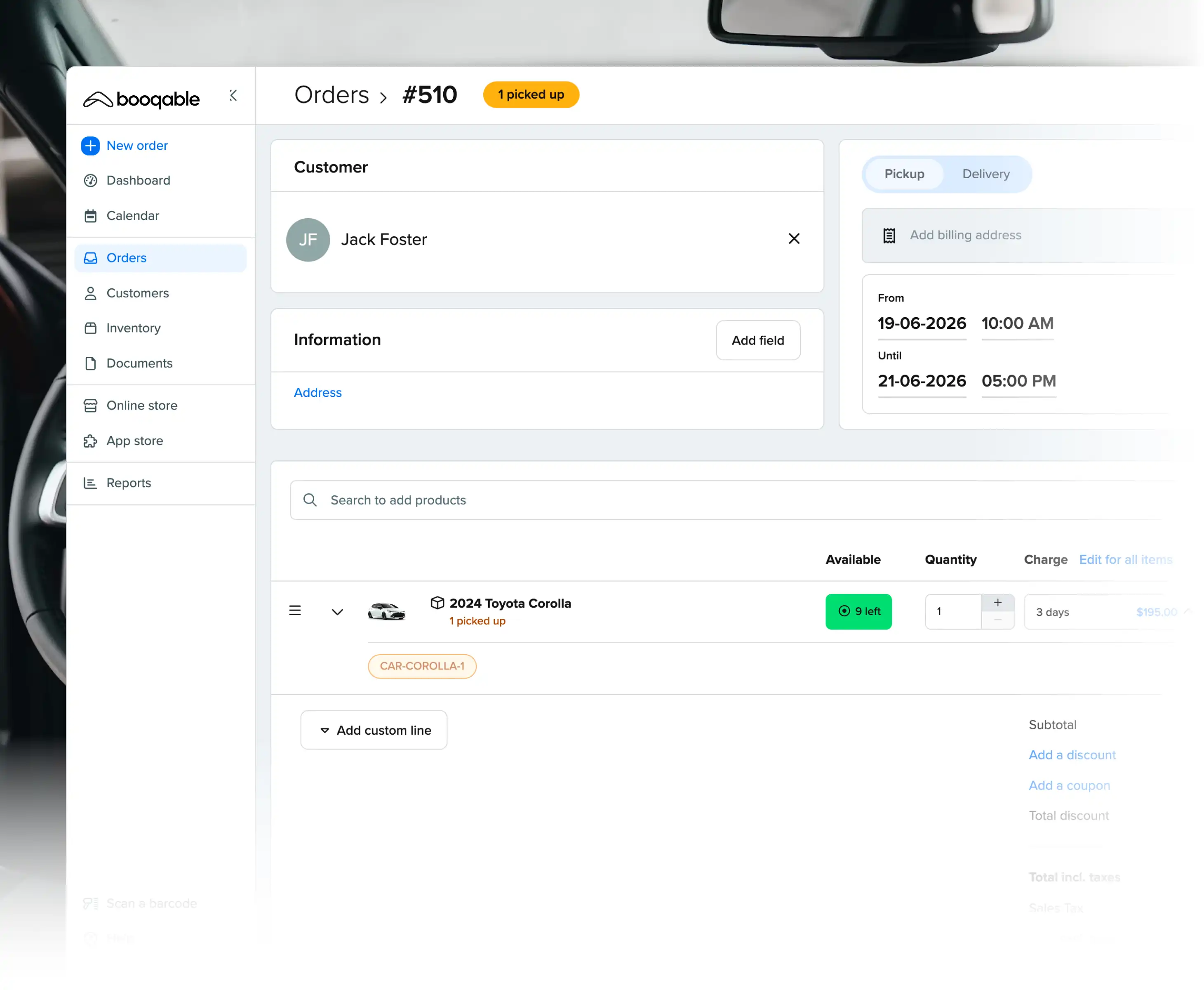 Rental pickup workflow using Booqable's trailer rental software