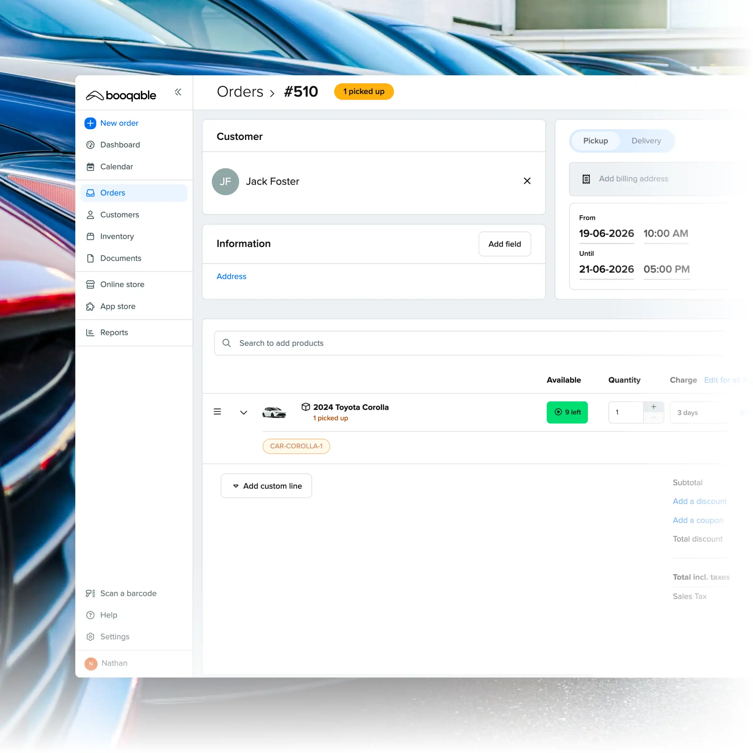 Booqable's trailer rental software showing order management features