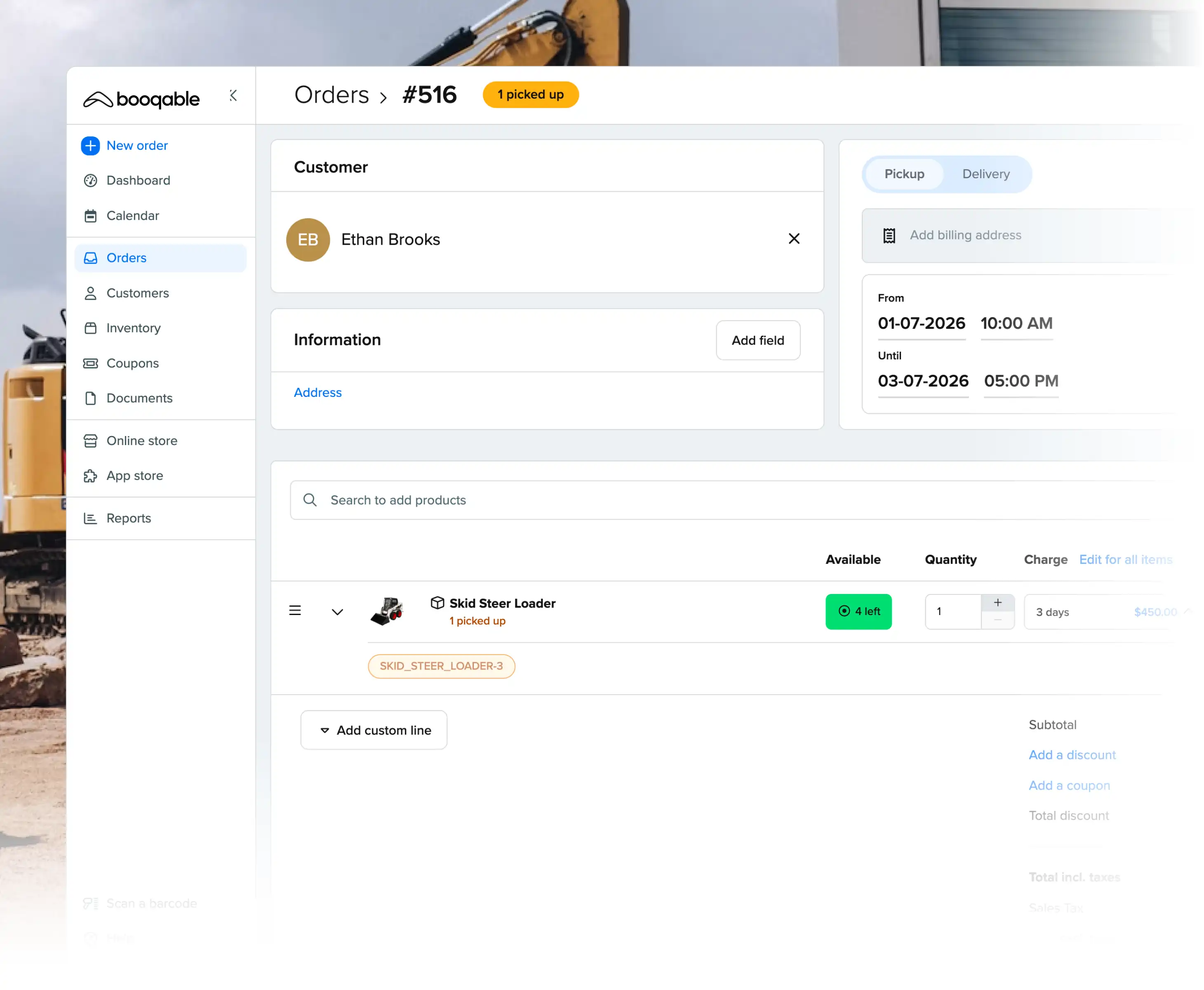 Rental pickup workflow using Booqable's construction rental software