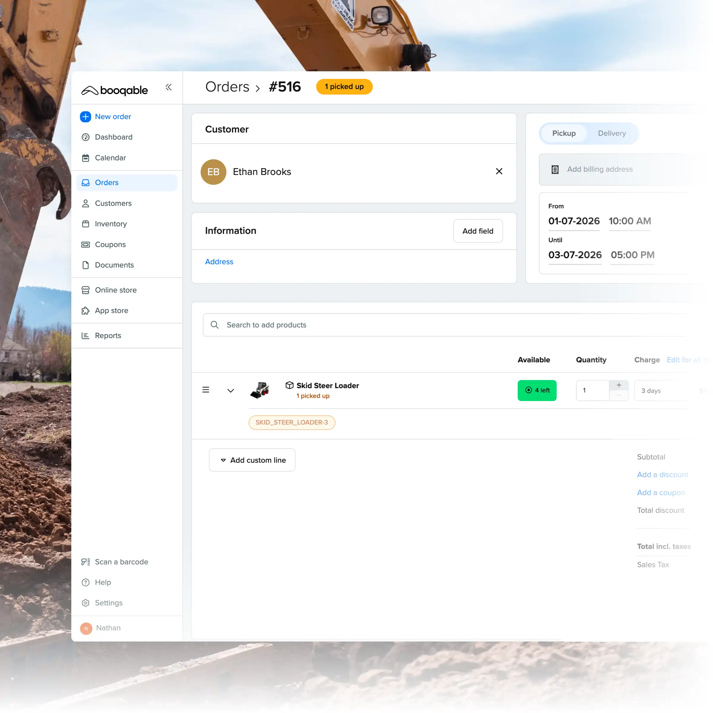 Booqable's construction rental software showing order management features