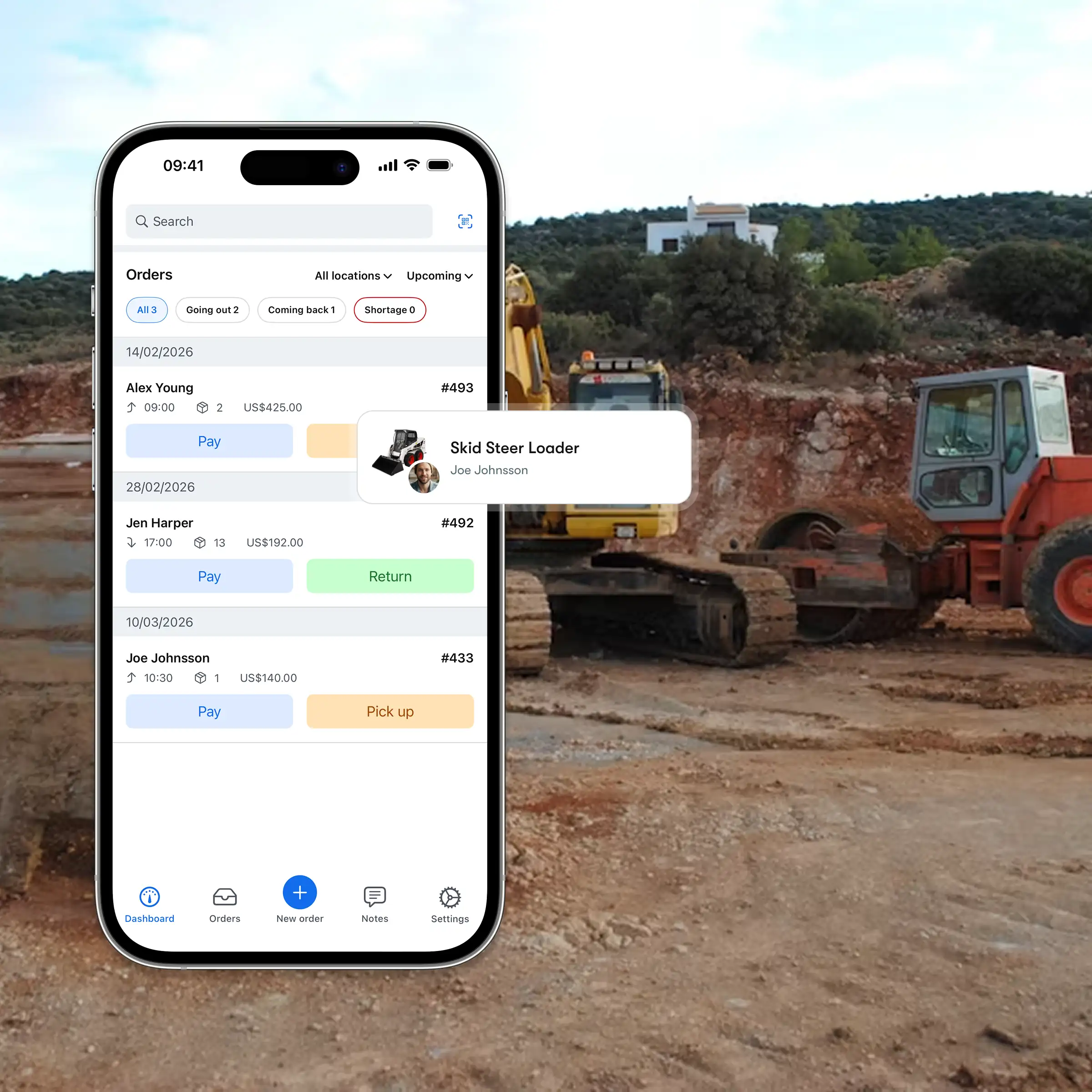 Booqable's construction rental software showing mobile app features
