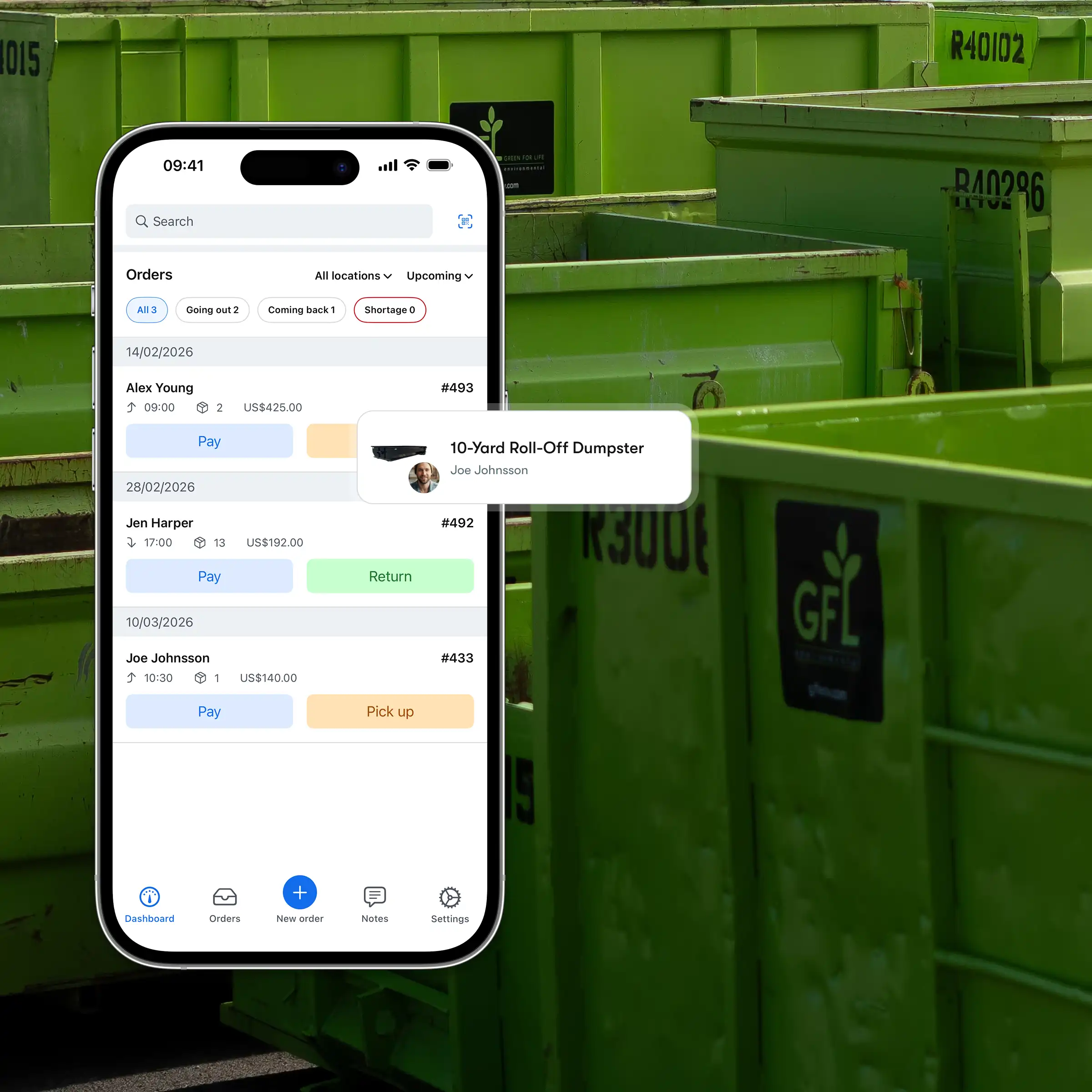 Booqable's dumpster rental software showing mobile app features
