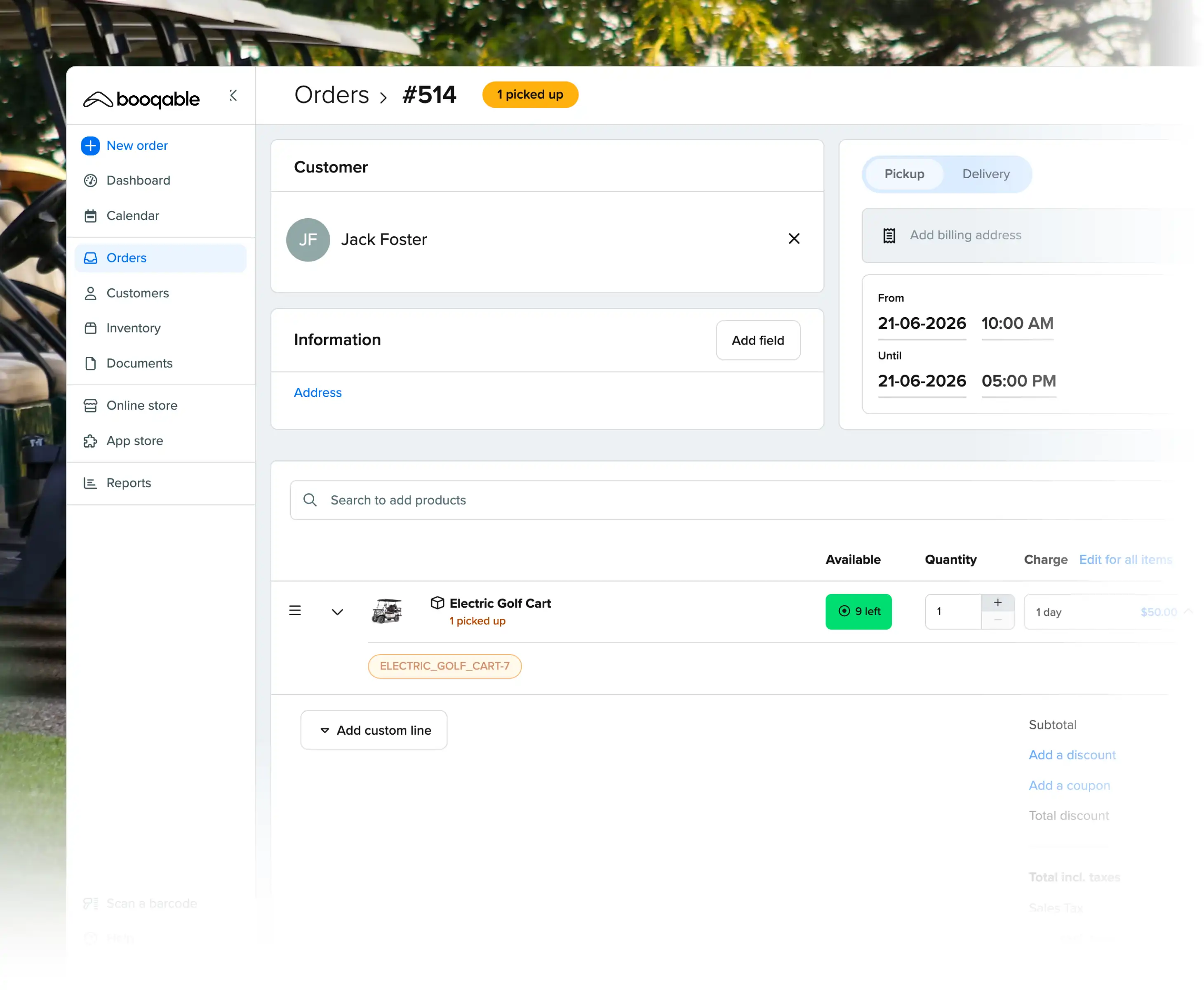Rental pickup workflow using Booqable's golf cart rental software