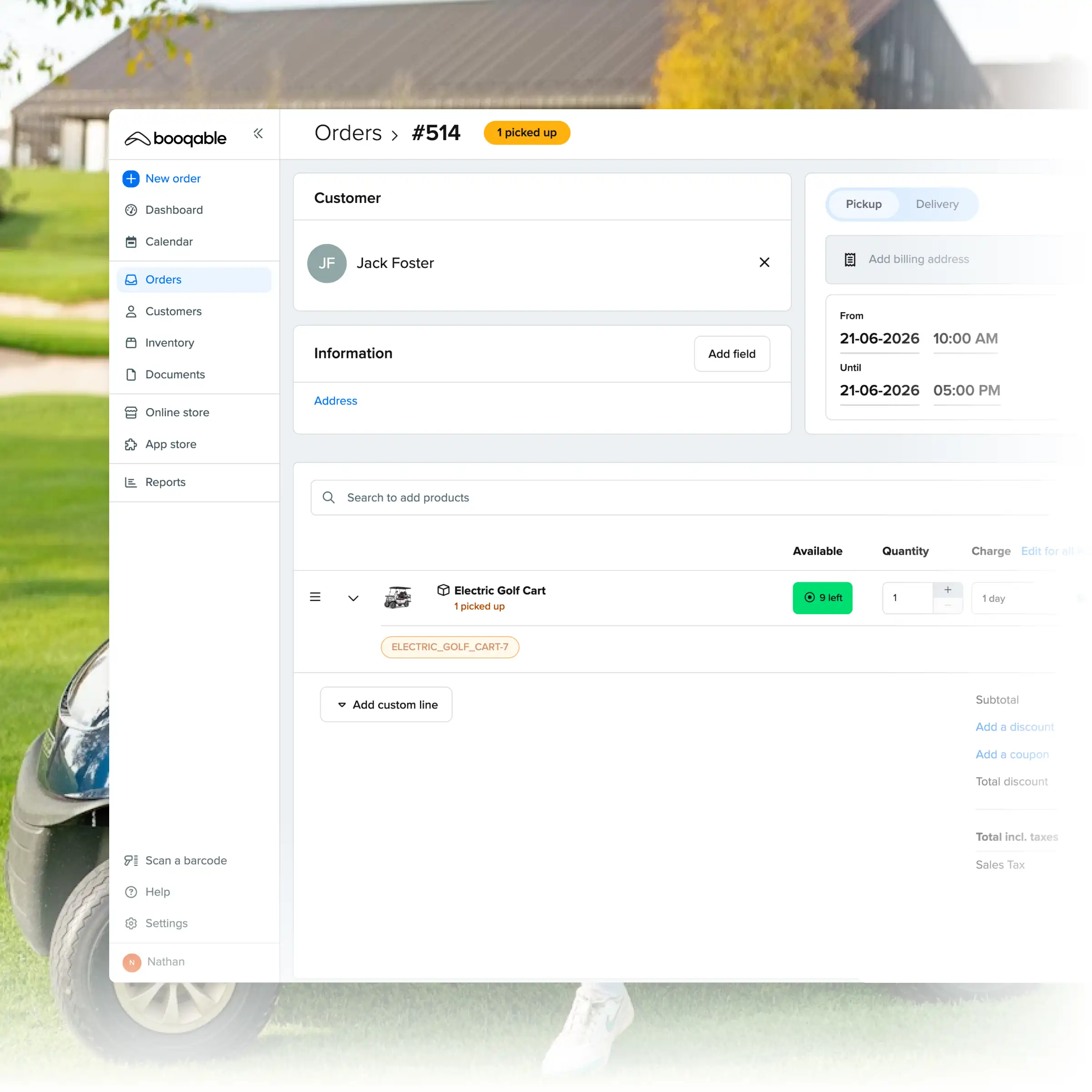 Booqable's golf cart rental software showing order management features