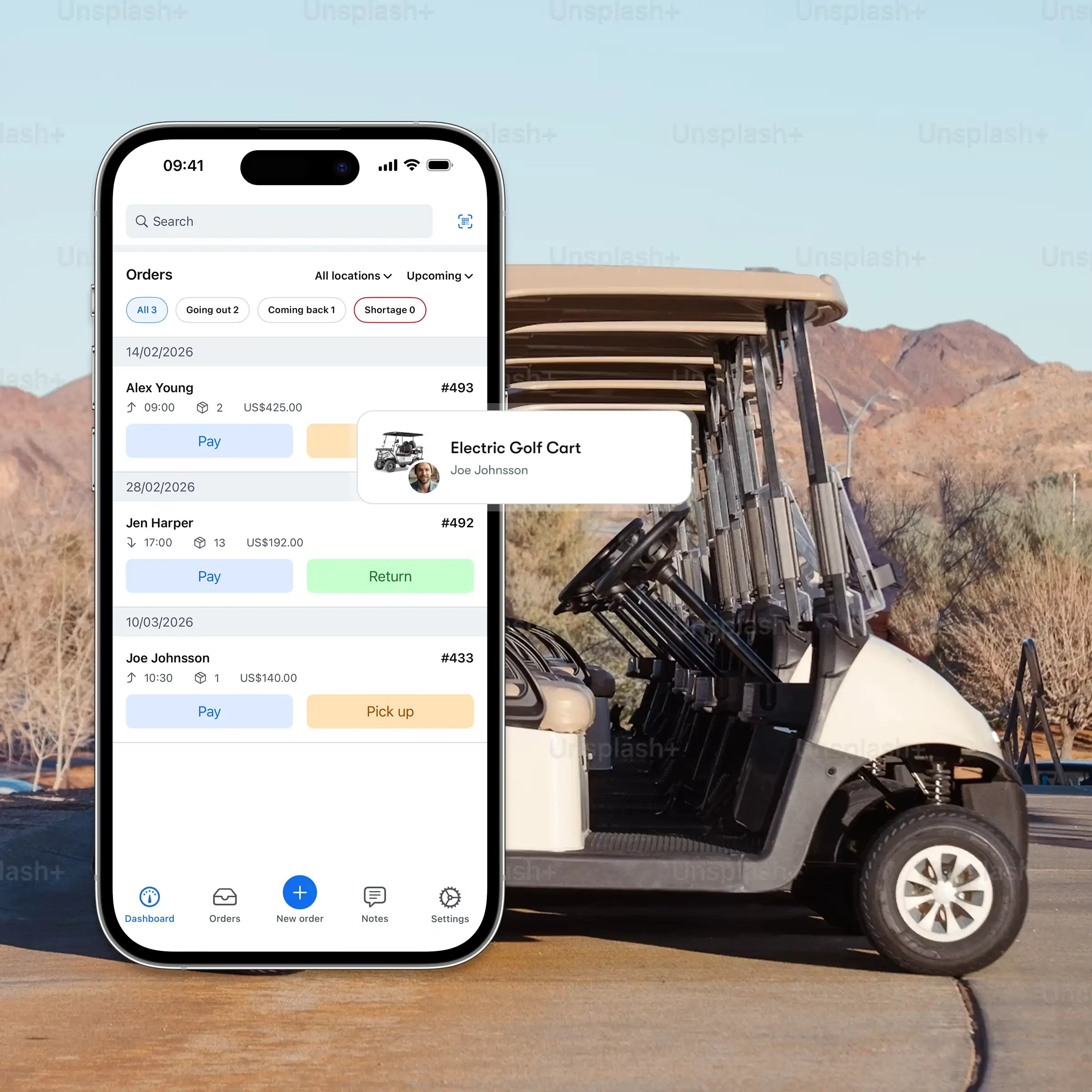 Booqable's golf cart rental software showing mobile app features