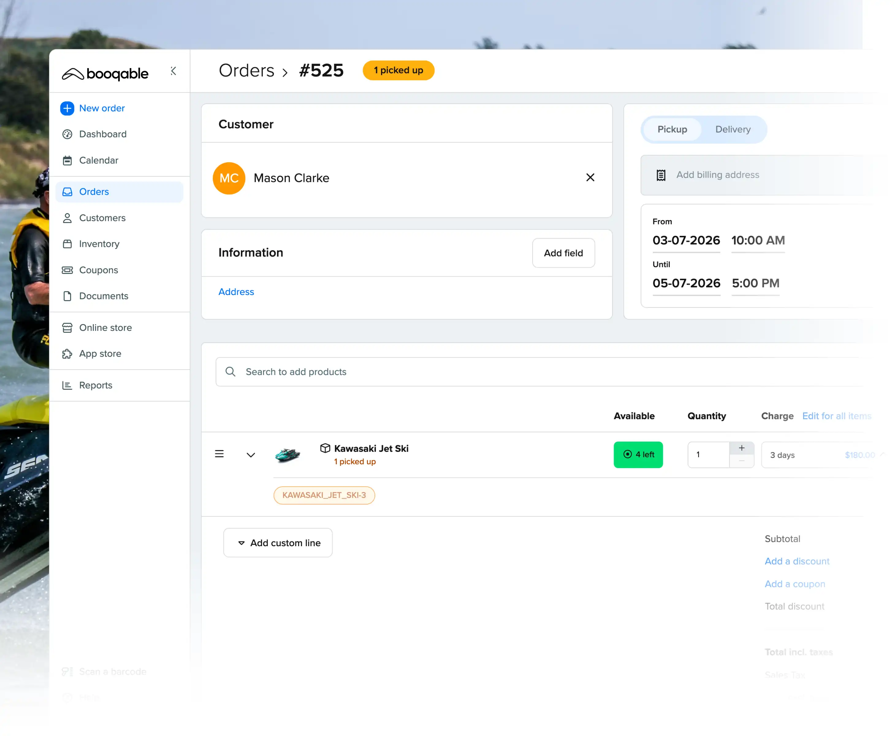 Rental pickup workflow using Booqable's jet ski rental software