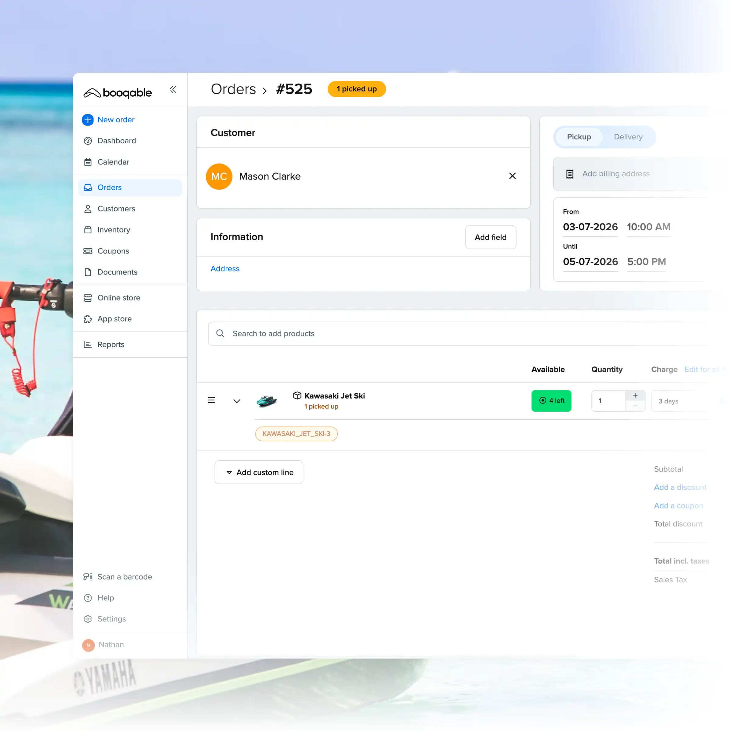 Booqable's jet ski rental software showing order management features