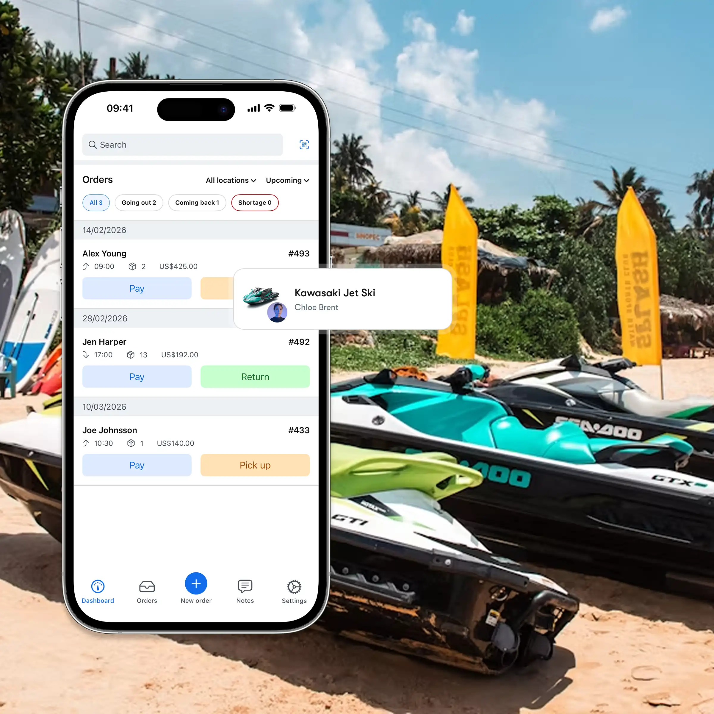 Booqable's jet ski rental software showing mobile app features