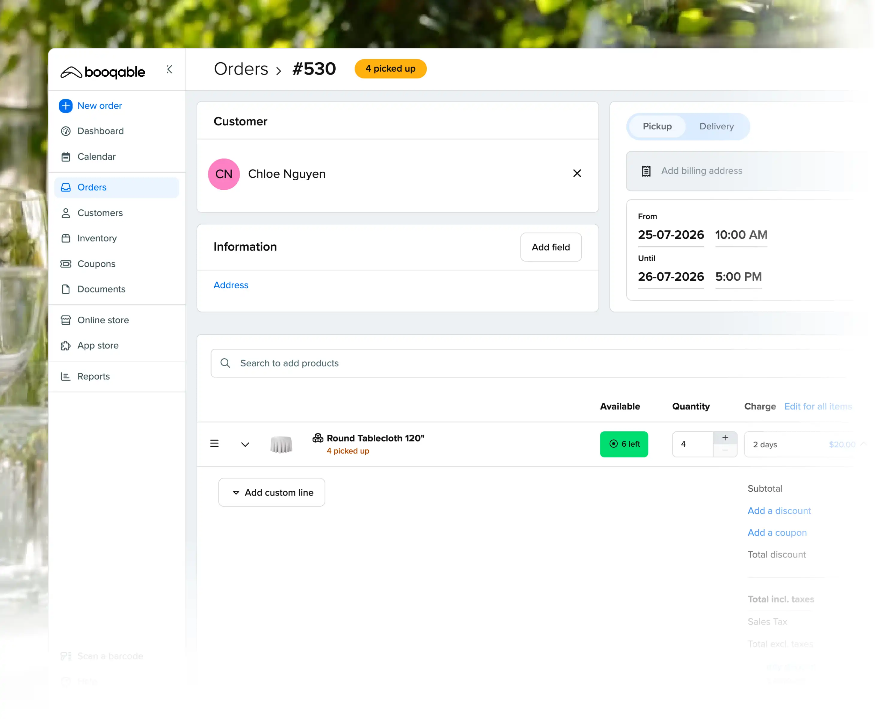 Rental pickup workflow using Booqable's linen rental software