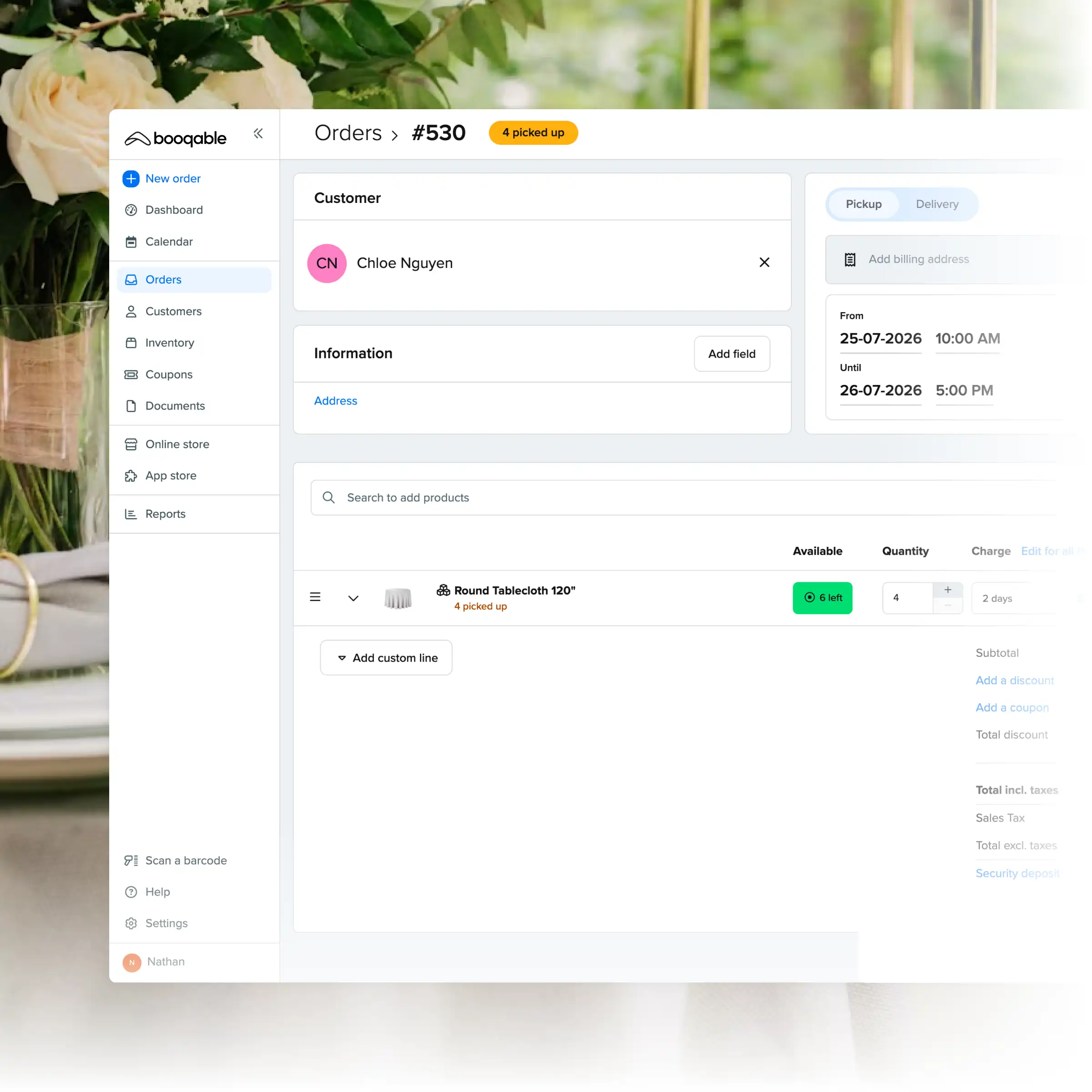 Booqable's linen rental software showing order management features