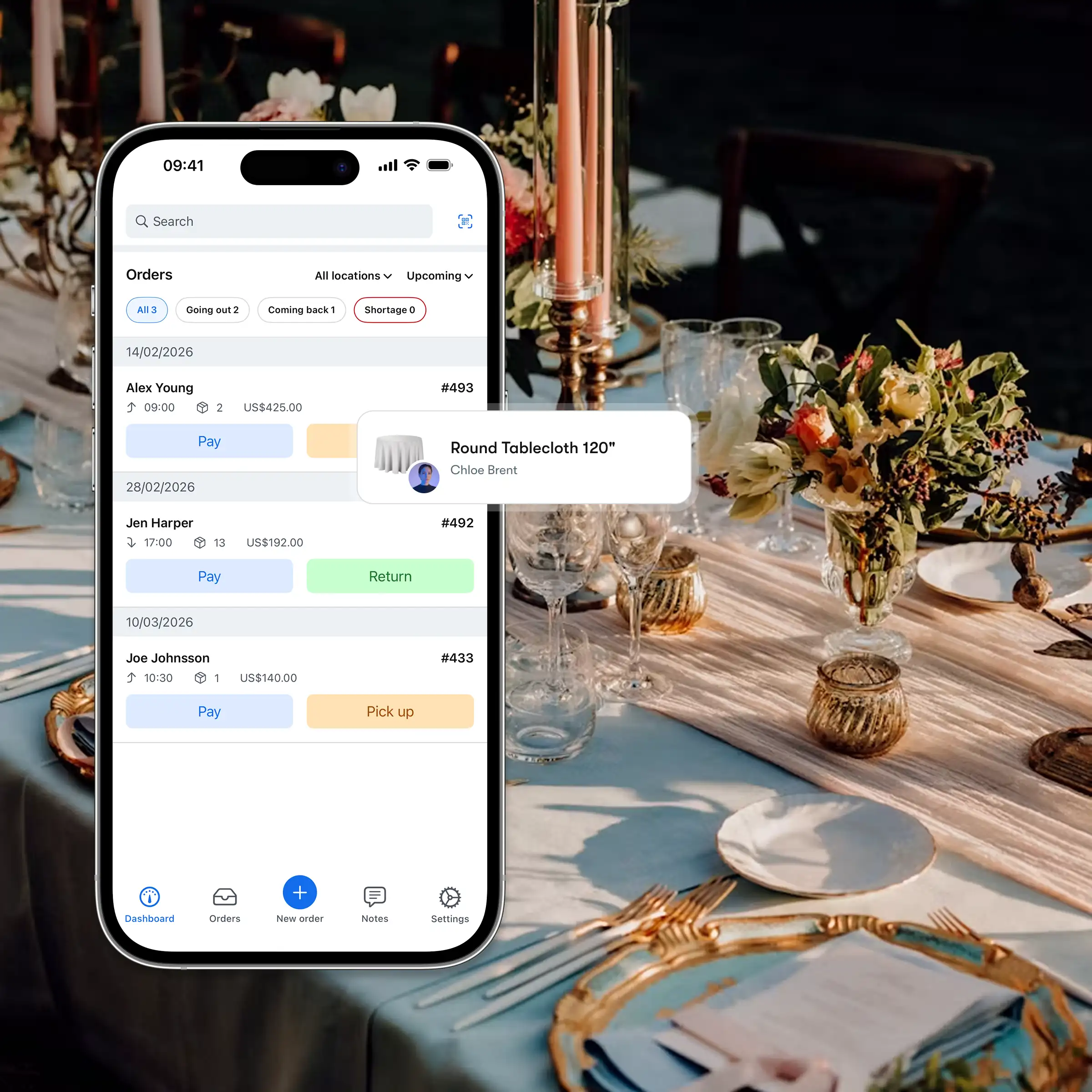 Booqable's linen rental software showing mobile app features