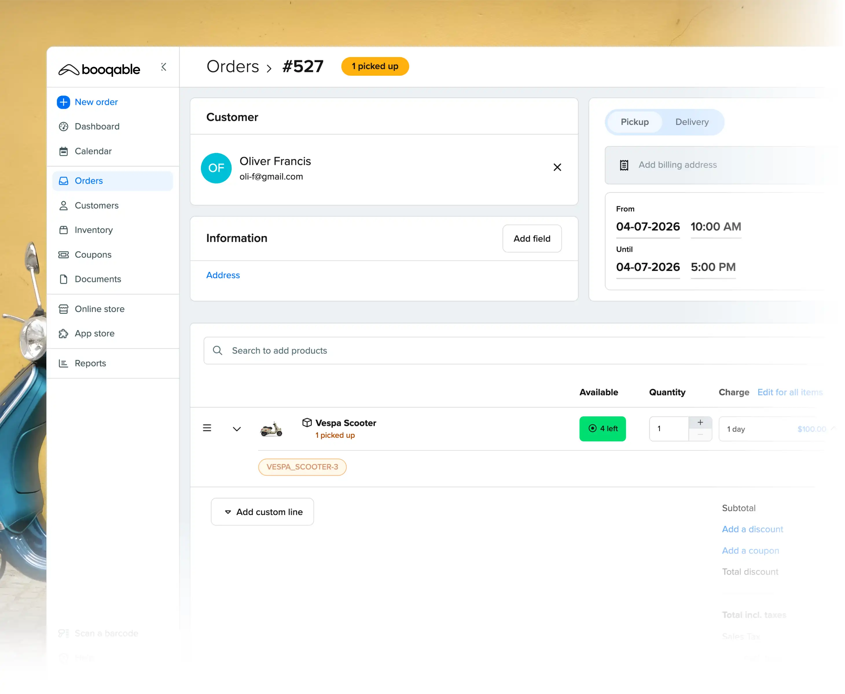 Rental pickup workflow using Booqable's scooter rental software