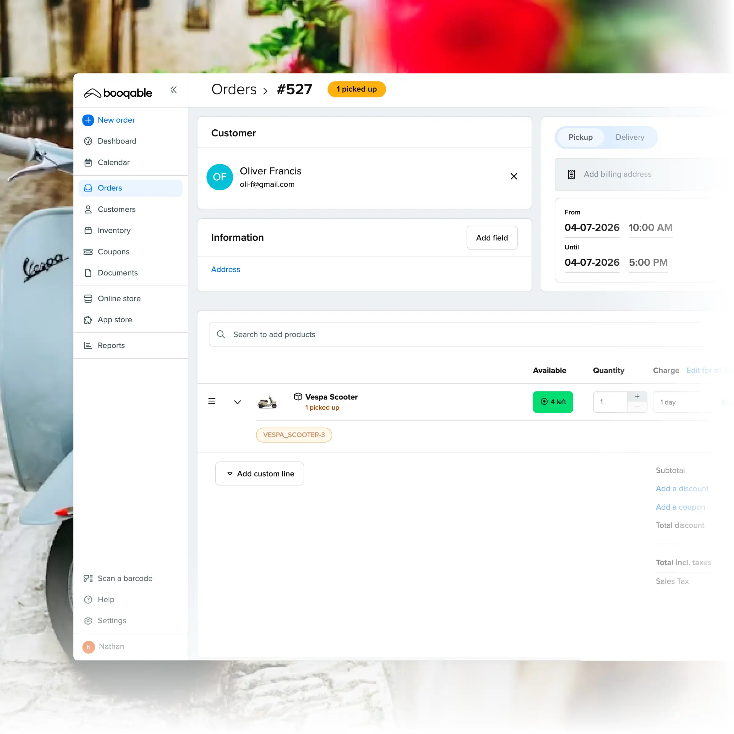 Booqable's scooter rental software showing order management features