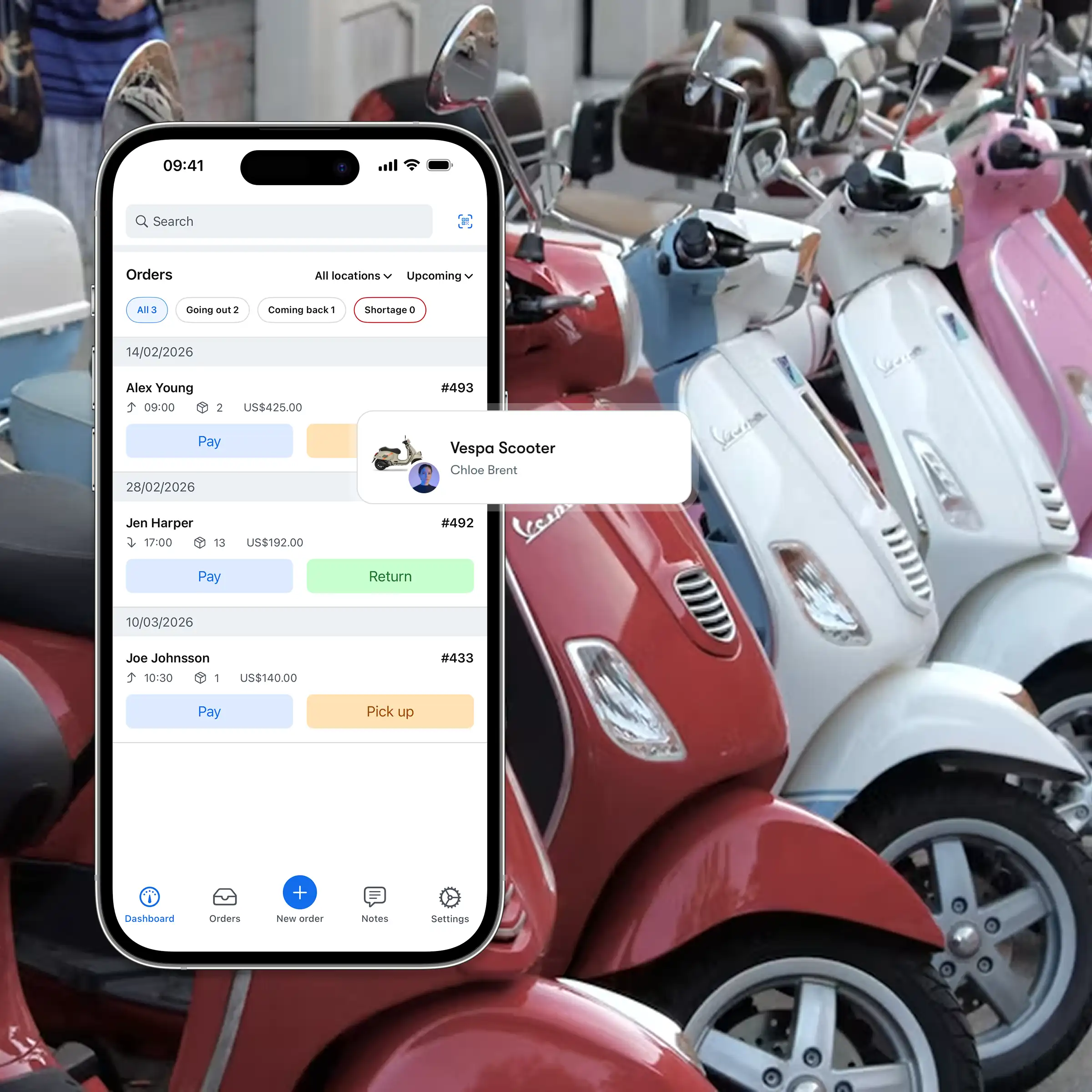 Booqable's scooter rental software showing mobile app features