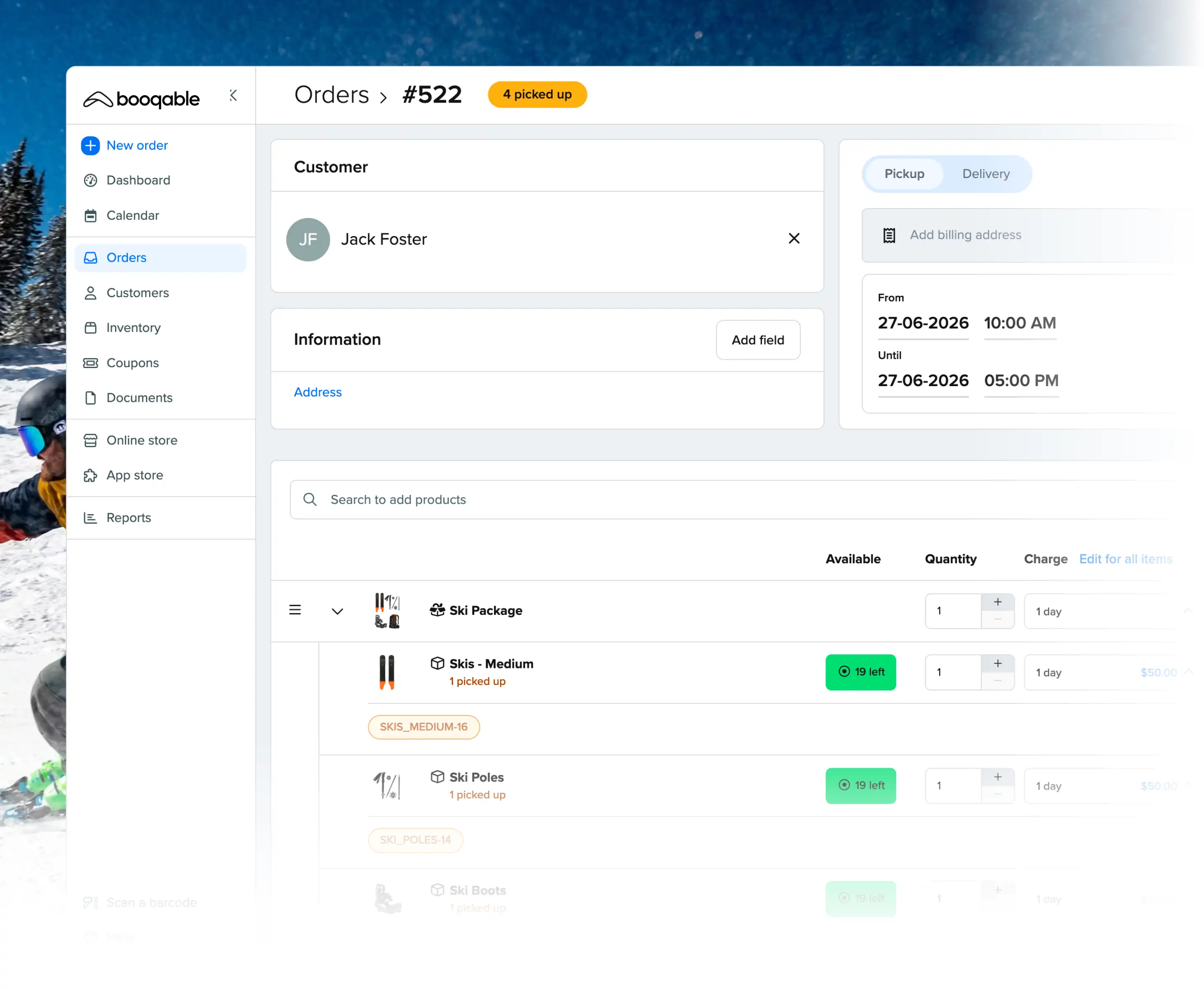 Rental pickup workflow using Booqable's ski rental software