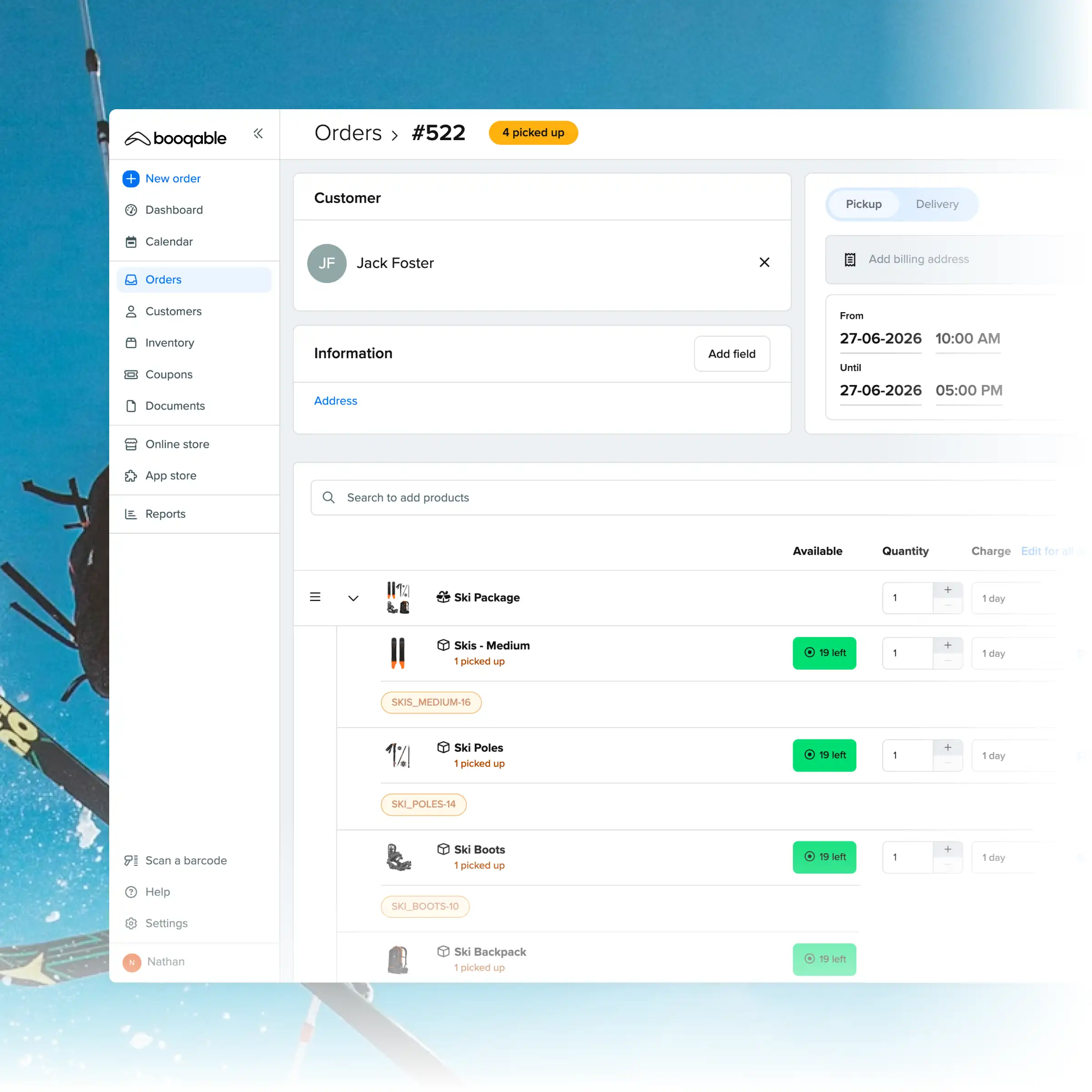 Booqable's ski rental software showing order management features