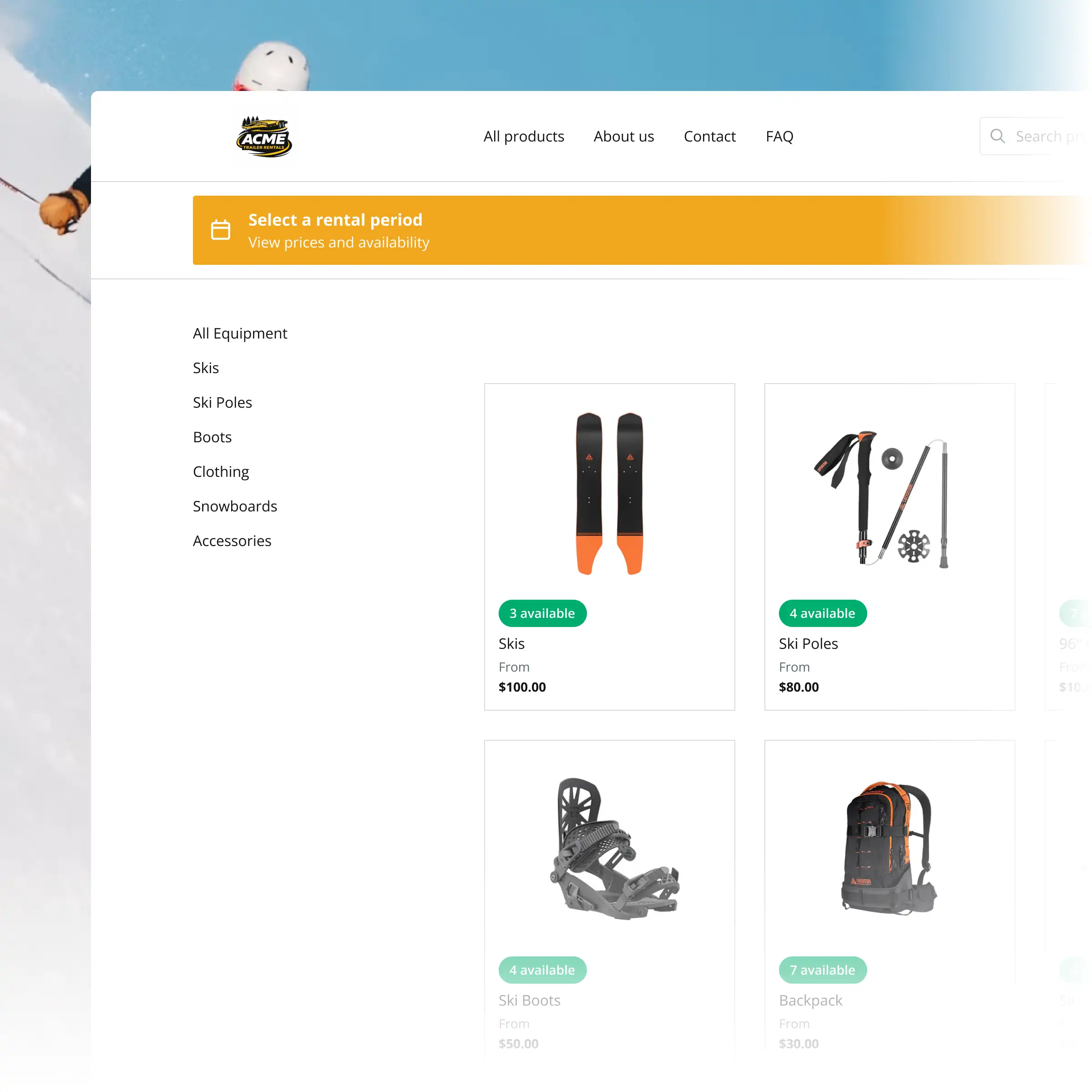 Booqable's ski rental software showing rental workflow features